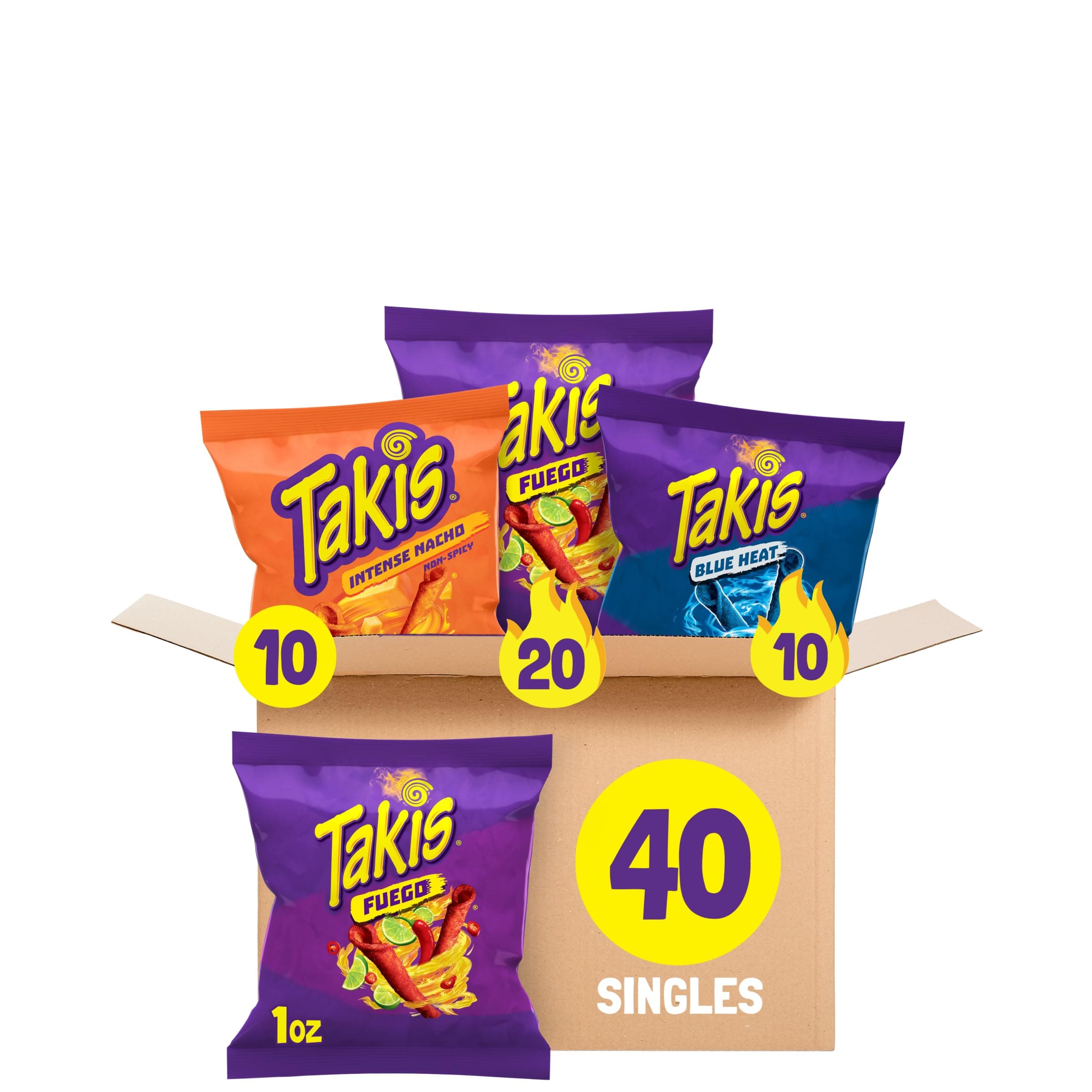 Takis Assorted Hero Variety Pack Rolled Tortilla Chips, 40 Count | (20) Fuego, (10) Blue Heat, (10) Intense Nacho, Non-Spicy to Extremely Spicy, 1oz Individual Bags for Snacking