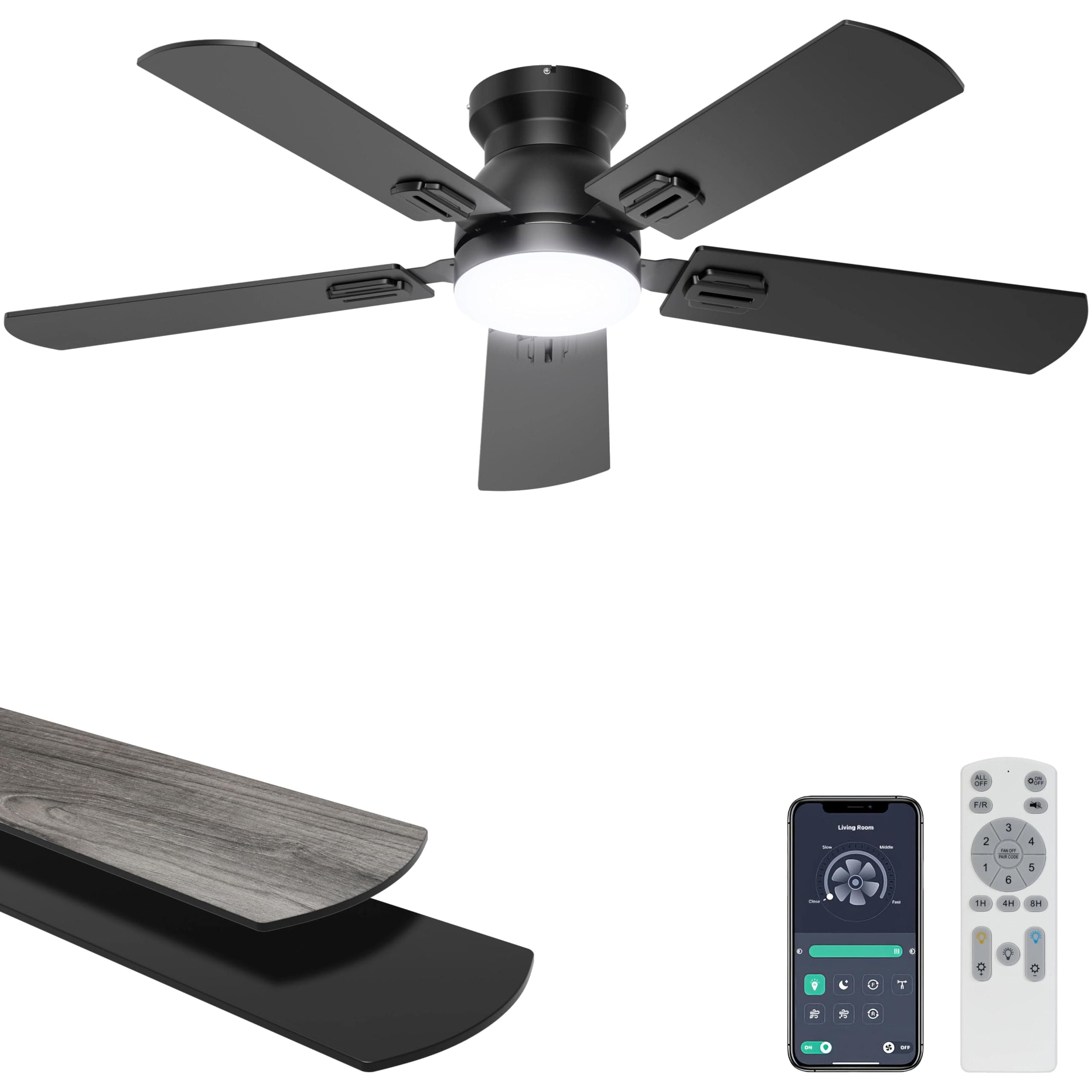 Ohniyou 42'' Low Profile Ceiling Fan with Lights, Remote/APP Control, Black | Flush Mount, Dimmable 3CCT LED, Quiet DC Motor; Memory Function, 4775 CFM, Small Ceiling Fan for Indoor Bedroom Kitchen