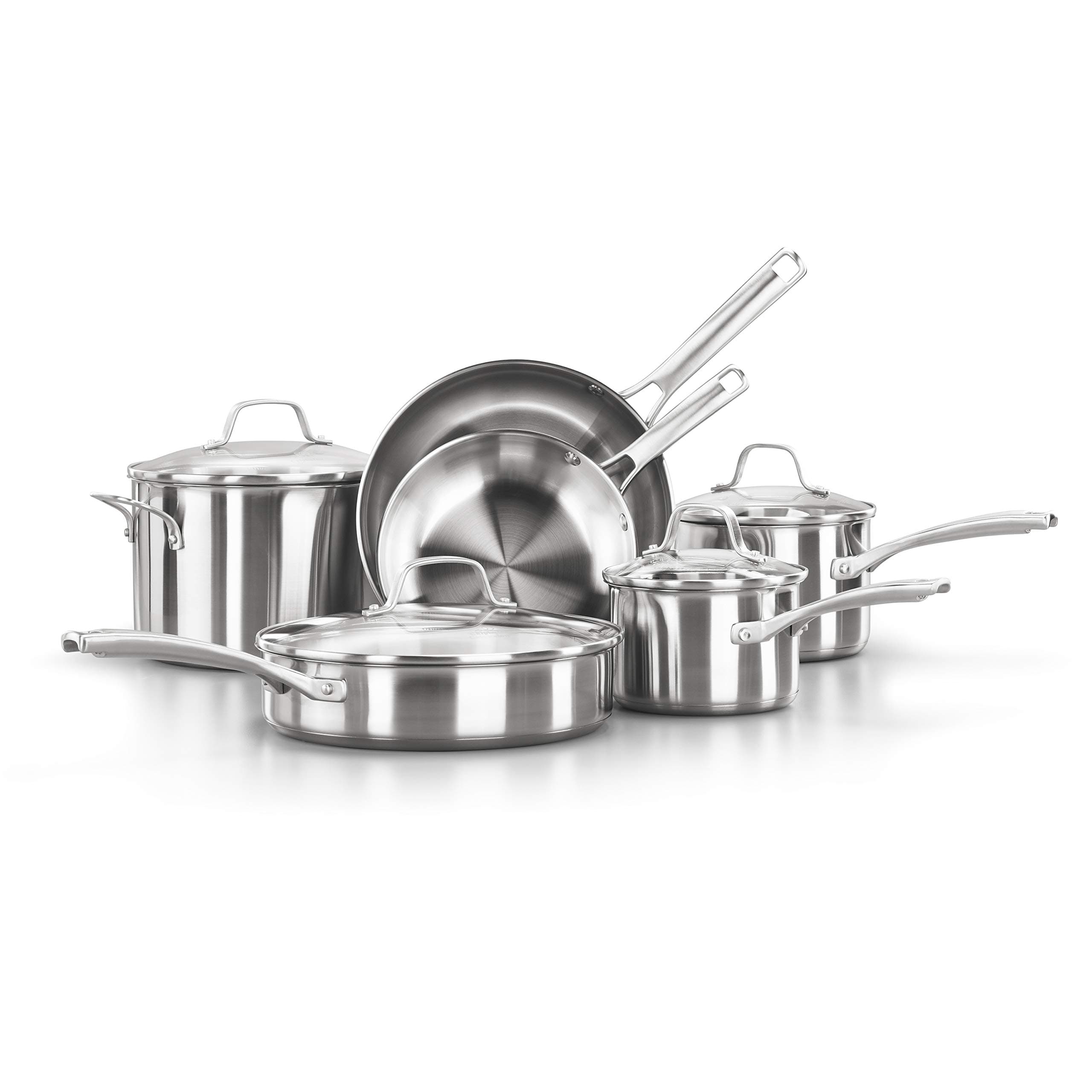 Calphalon Classic Stainless Steel Cookware Set, 10-Piece, Impact-Bonded Aluminum Base, Stay-Cool Handles, Oven Safe 450F, Silver