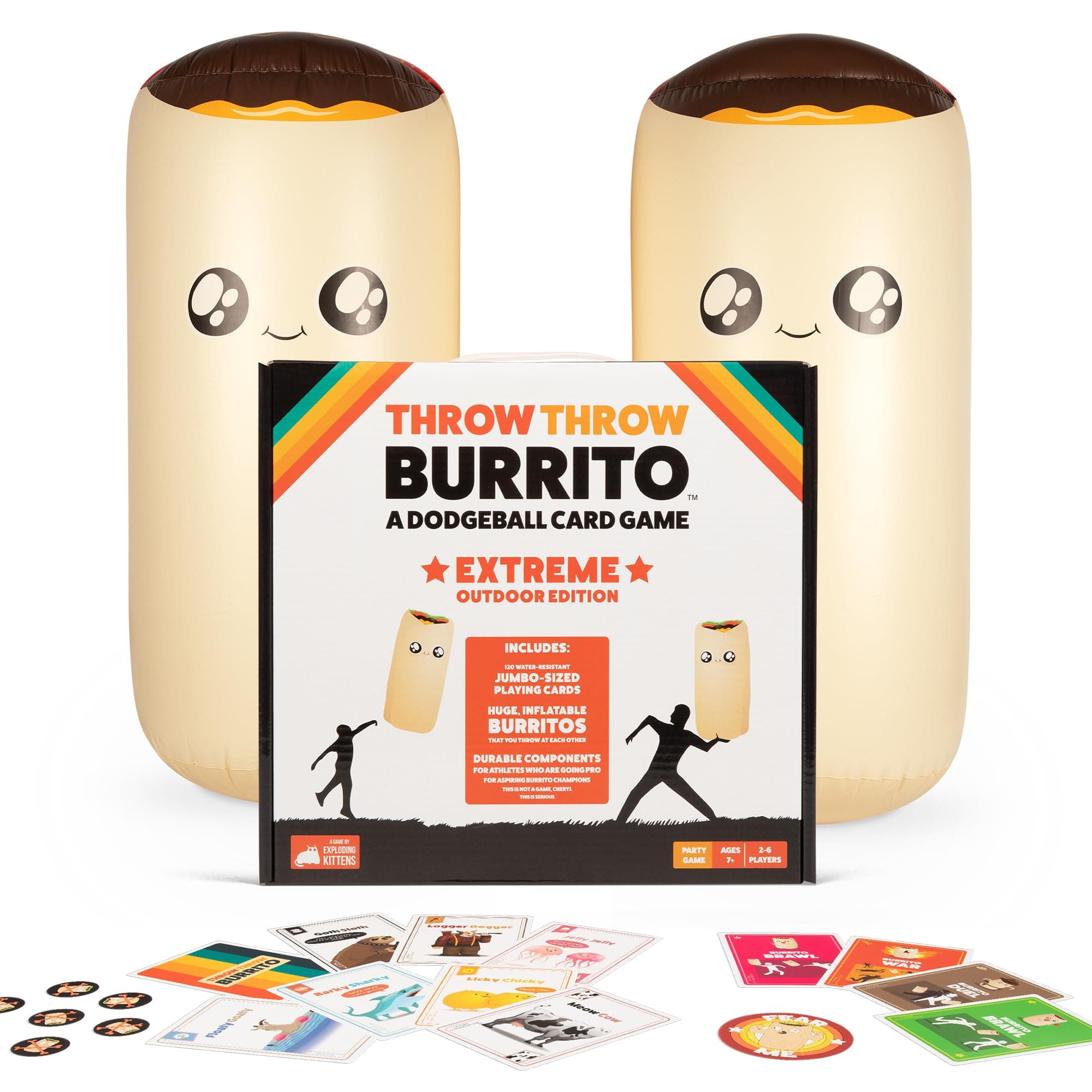 Exploding Kittens Throw Throw Burrito Extreme, 2-6 Players, Age 7+ | Dodge giant 3-foot inflatable burritos! Collect cards, score points, and battle in this outdoor dodgeball card game.