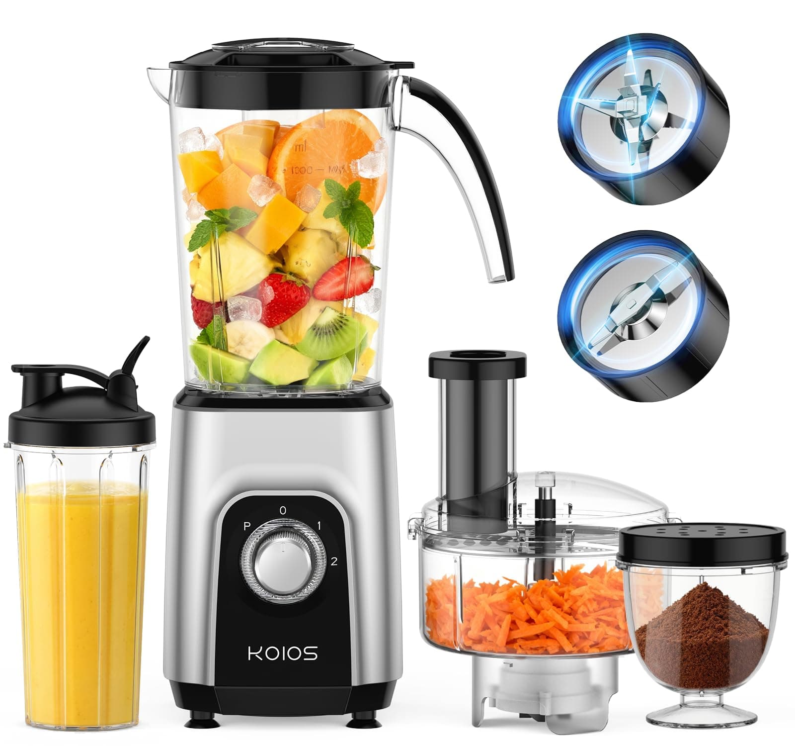 KOIOS 4-in-1 Blender/Food Processor Combo Max 1000W, Dishwasher Safe | 34oz Pitcher, 22oz Blending Cup, Meat Grinder & Vegetable Chopper, Spice Grinder, BPA Free -All-in-One Kitchen System
