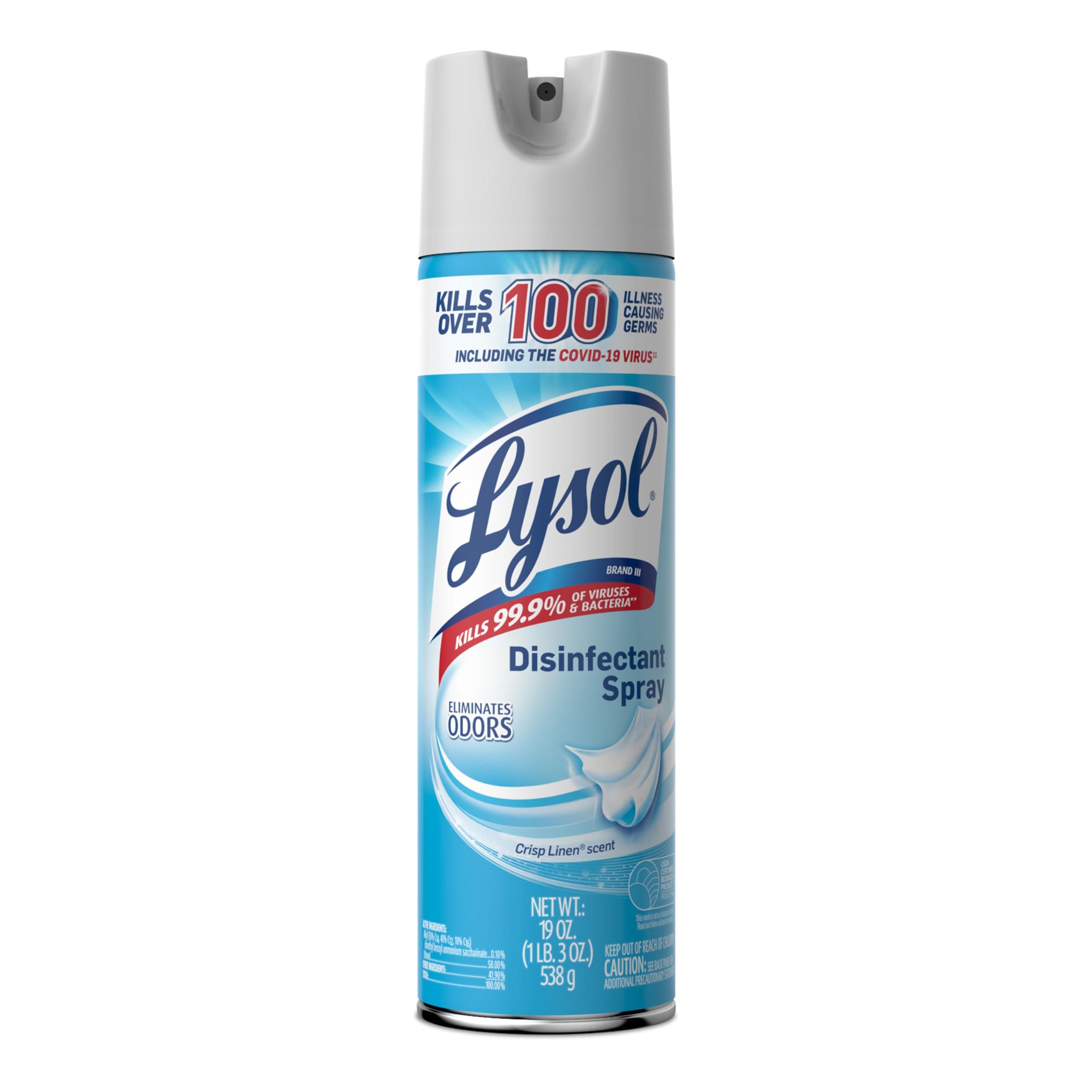Lysol Disinfectant Spray, Household Essential Cleaning Supplies, Multi-Purpose Room Spray, Antibacterial Sanitizer Spray, Upholstery Deodorizer, Home and Bathroom, Crisp Linen,19 Fl Oz