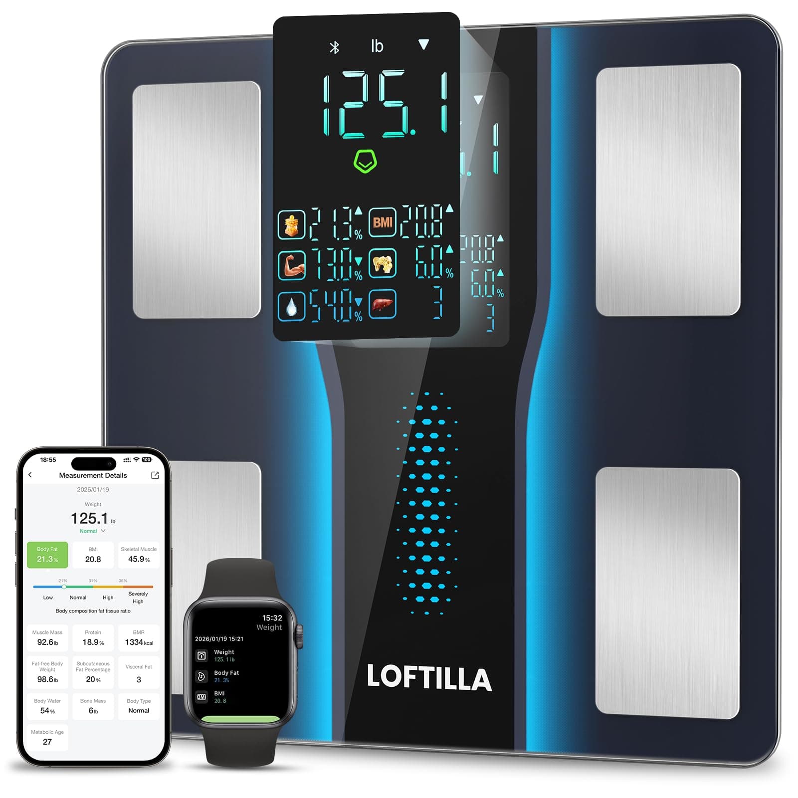 LOFTILLA Smart Scale with BMI, Body Fat, Muscle Mass, 8-in-1 Display | Digital Bathroom Weight Scale with 14 Body Composition Metrics, Bluetooth App Sync, for Home and Gym Use,Black