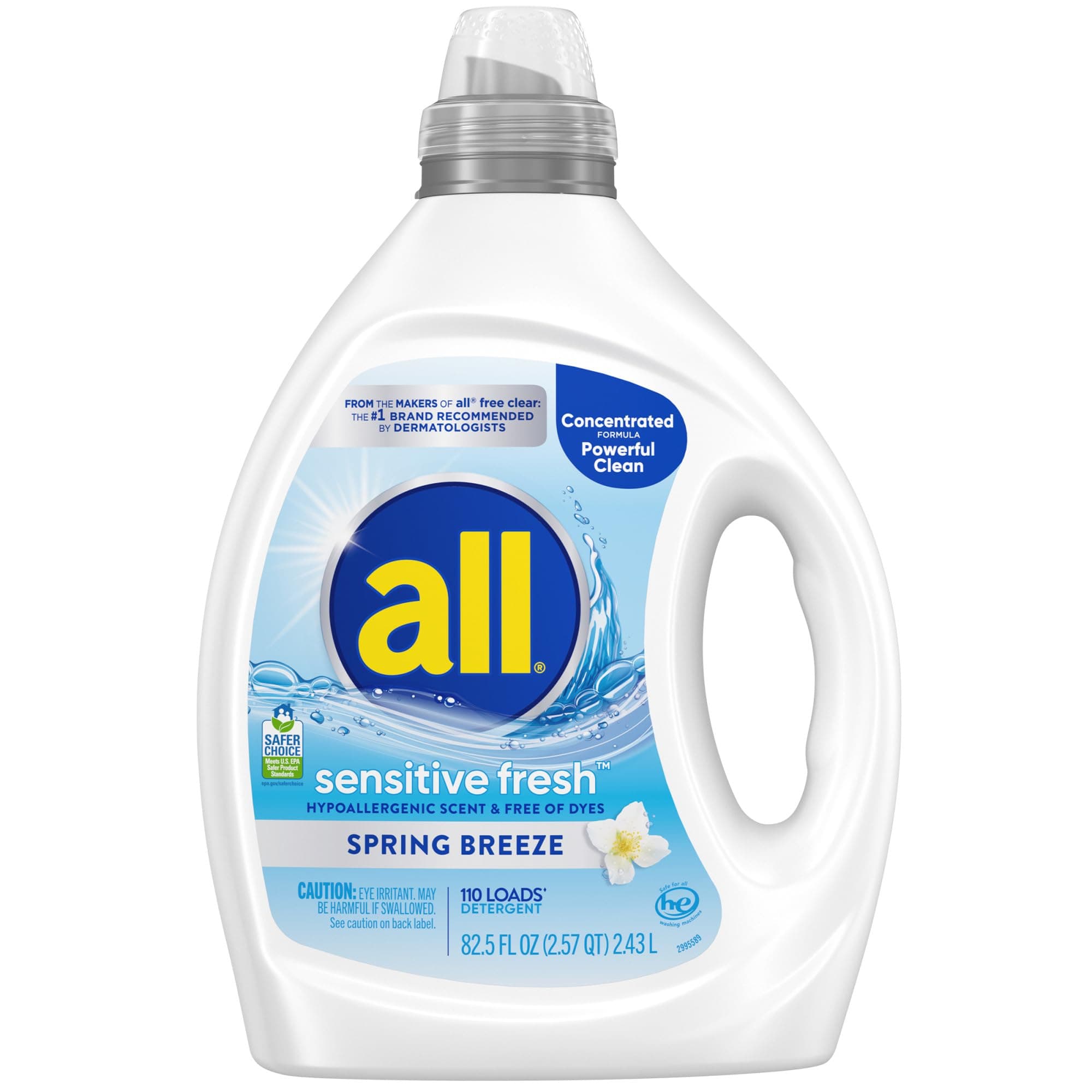 all Liquid Laundry Detergent, Sensitive Fresh, 82.5 fl oz, 110 Loads | Hypoallergenic formula, dye free, concentrated, dermatologist recommended, reduces static cling, light scent