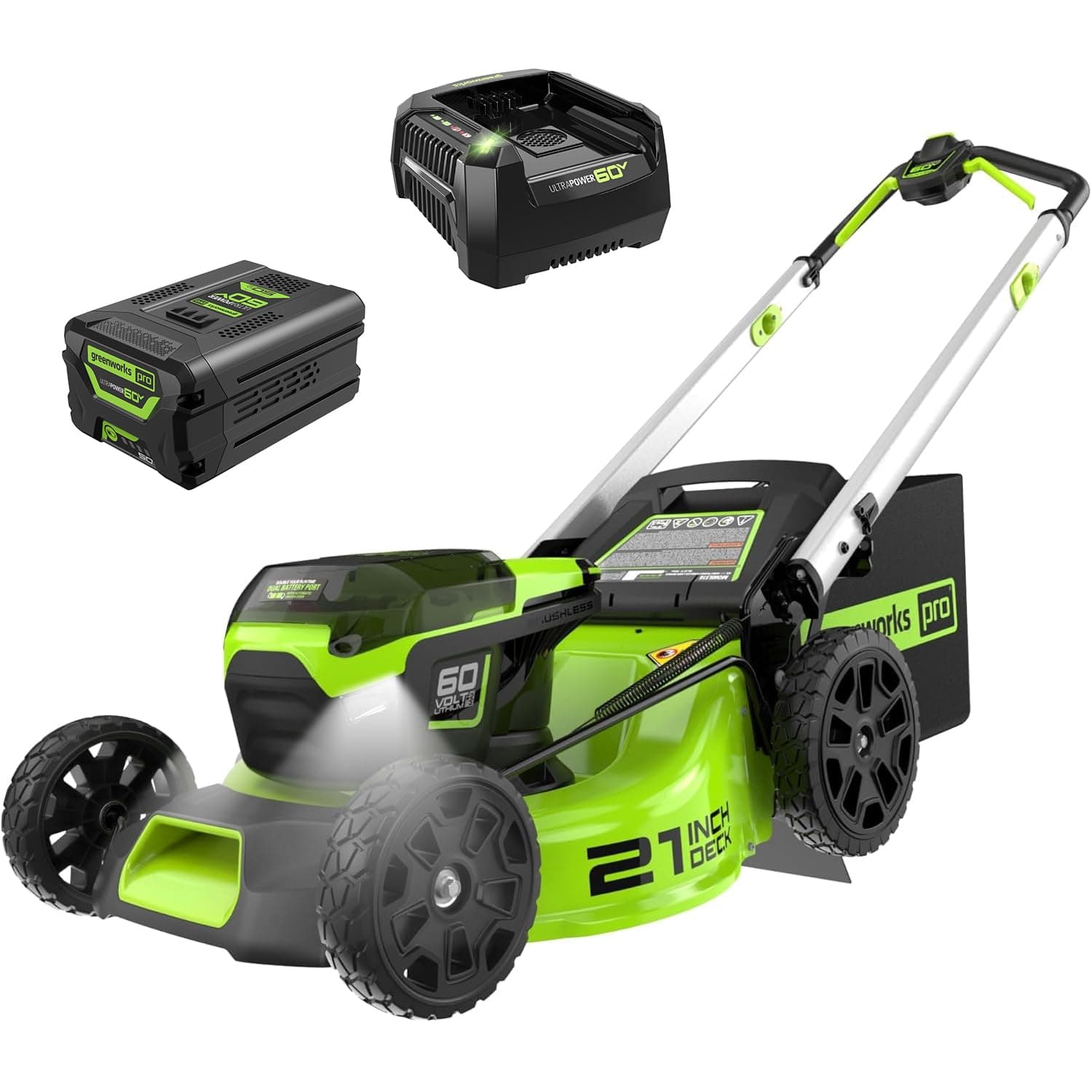 Greenworks 60V 21in Push Lawn Mower, 5.0 Ah Battery and Charger | 4-in-1 system with LED lights and IPX4 weather resistance; handles up to 1/2 acre for medium yard maintenance.