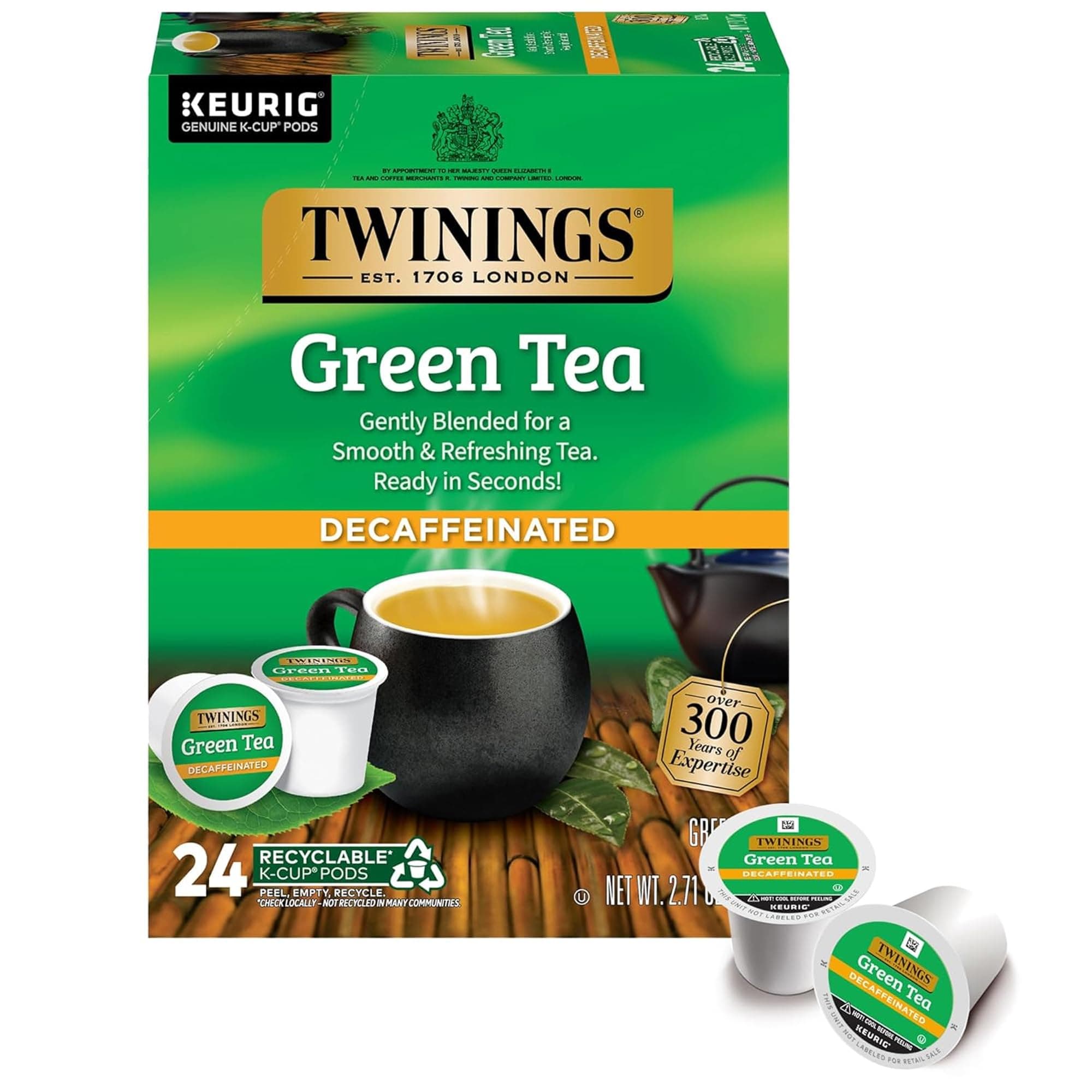 Twinings Decaffeinated Green Tea K-Cup Pods for Keurig, 24 CT Box (1 Pack) | Classic, Smooth & Fresh, Decaffeinated with Full Flavour, 24 Keurig K-Cup Pods for Single- Serve Brewers, Enjoy Hot or Iced