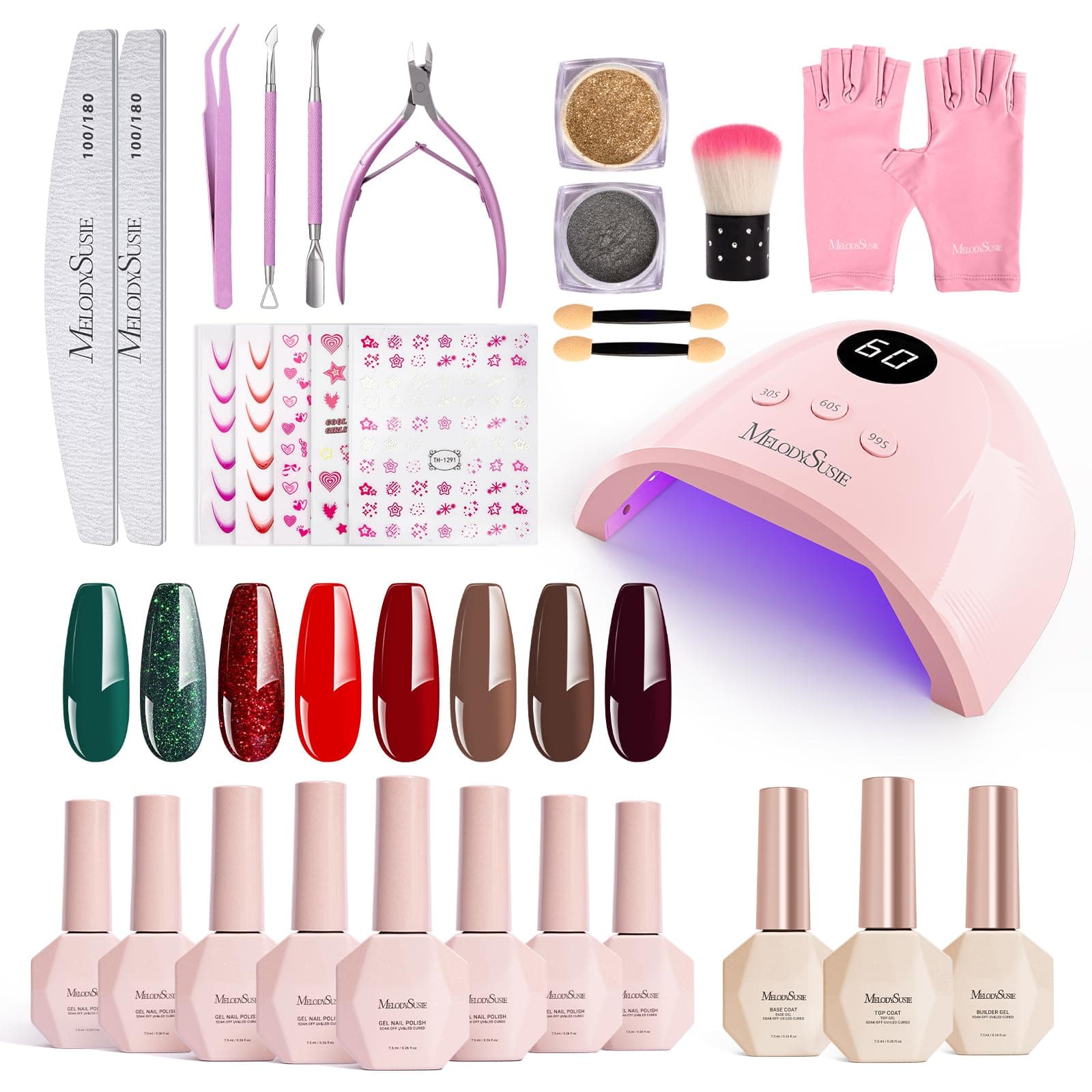 MelodySusie Gel Nail Polish Kit with UV Light P-PLUS30F | Popular Color Gel with Builder and Baser &Glossy Top Coat Soak Off Includes Nail Art Tools Nail Art Gift for Women & Girls
