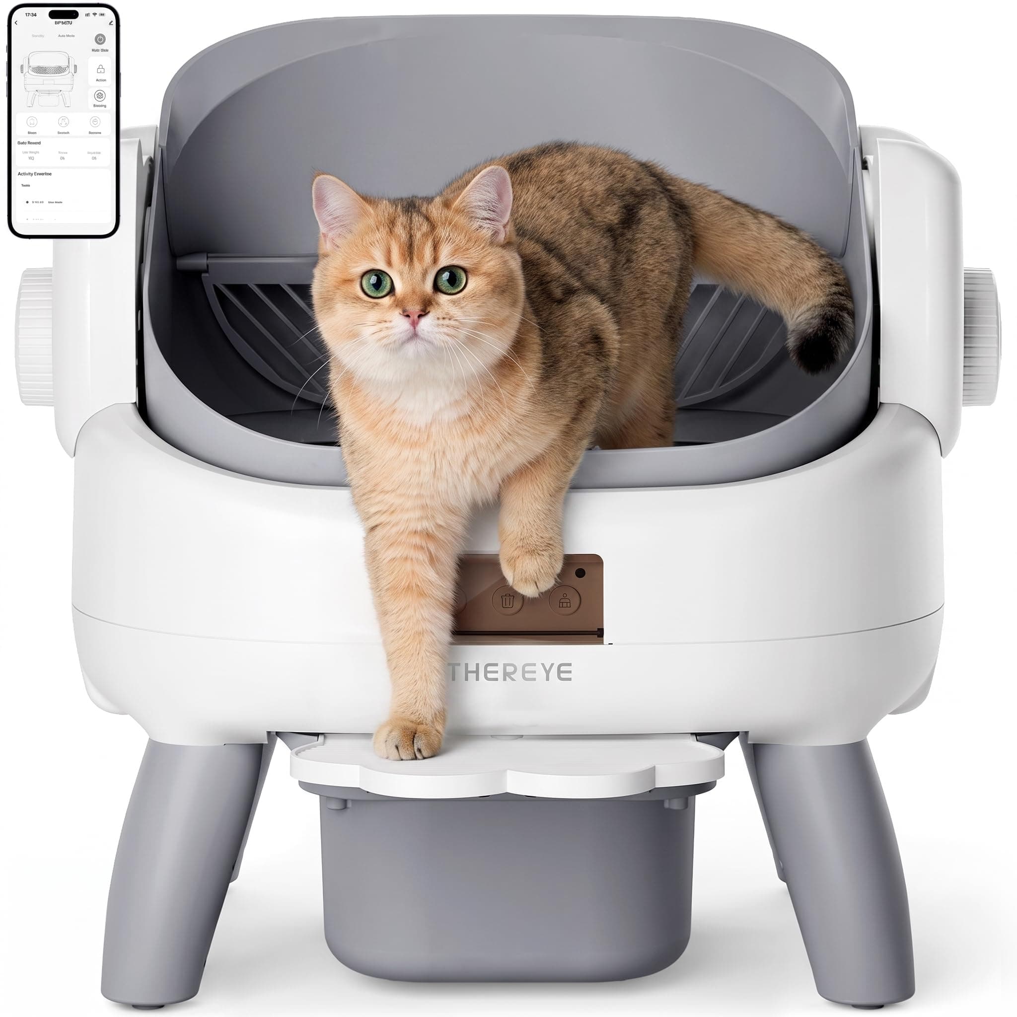Thereye Automatic Litter Box with Entry Step & App Control | 11 Safety Protections Open-Top, 10L Waste Bin with Odor Control Self Cleaning Litter Box with Trash Bags/Litter Mat