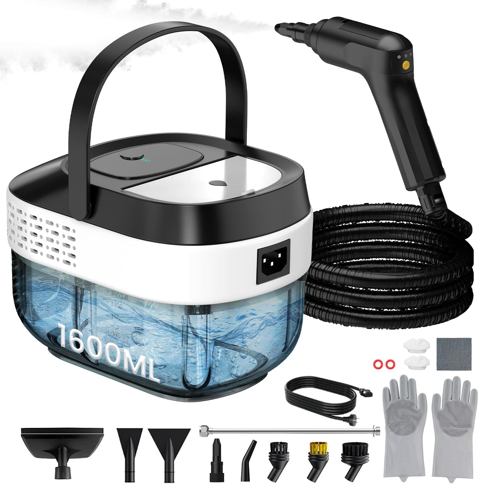 Granarbol Steam Cleaner, 2500W 1.6L Handheld Steamer for Home Car Cleaning | 10s Heat-up, 19pcs Accessories, 3 Levels, Chemical-free Cleaning for Kitchen, Floor, Bathroom, Car Interior, Black & White