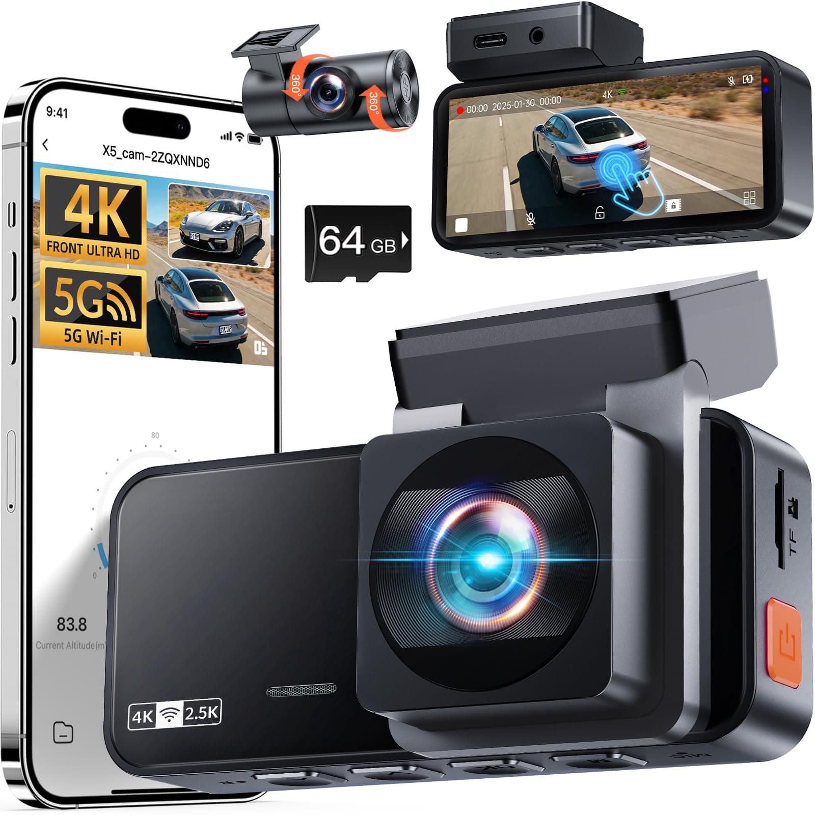 Winail Dash Cam Front and Rear: 4K+2.5K Dash Camera for Cars Free 64GB Card | 5.8GHz WiFi, Touch Screen, Night Vision, 170°Wide Angle, App Control, Loop Recording, 24H Parking Mode, G-Sensor