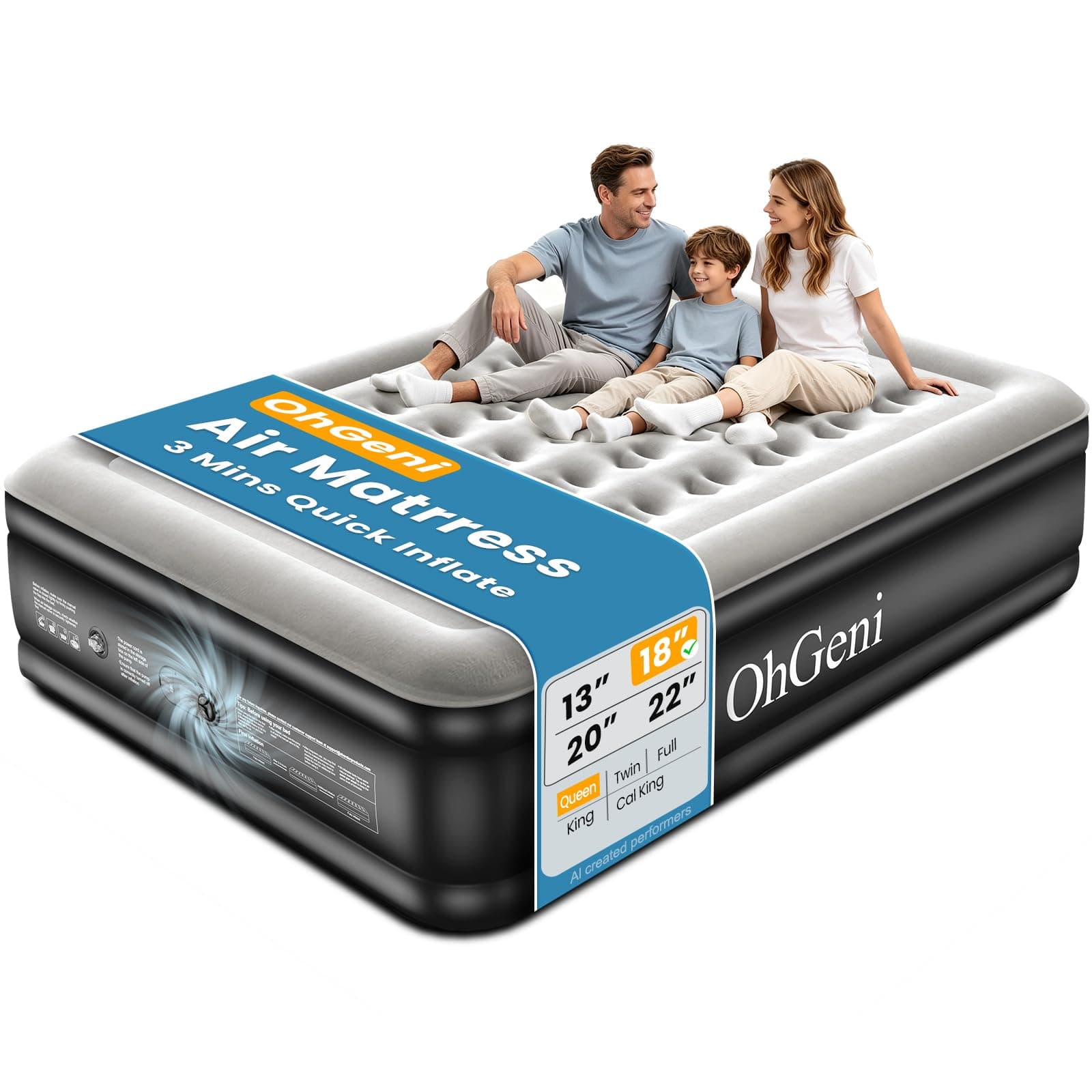 OhGeni Air Mattress Queen with Built in Pump, 18" Raised Blow up Bed, 800lb | Inflatable Mattress, Advanced Coil-Beam Support, 3 Mins Inflation, 40% Thicker PVC, Waterproof, 10 Year Manufacturer Support