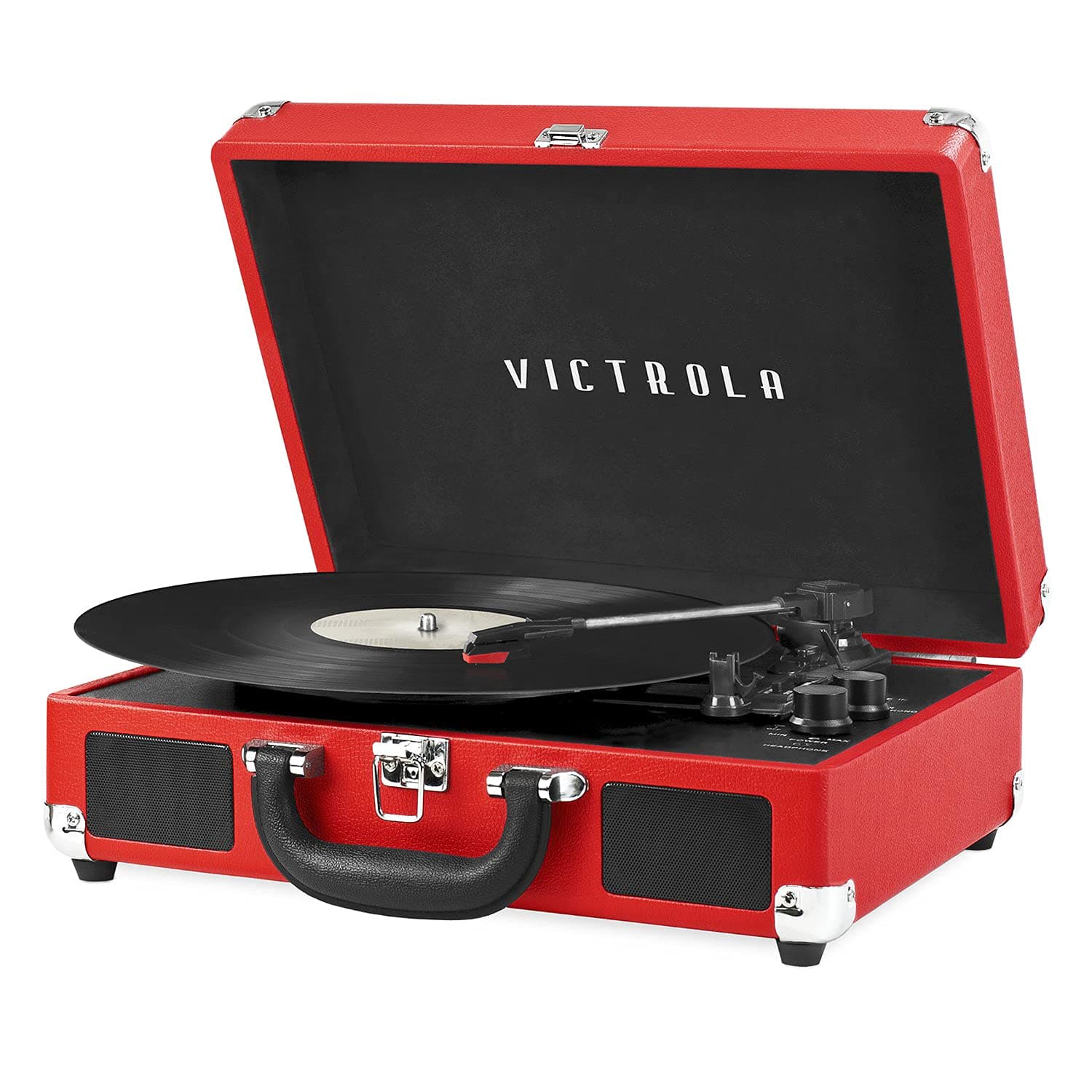 Victrola Journey - Bluetooth Suitcase Record Player - Red | Built-in stereo speakers, 3-speed turntable plays 7", 10" and 12" records, Bluetooth streaming, headphone jack
