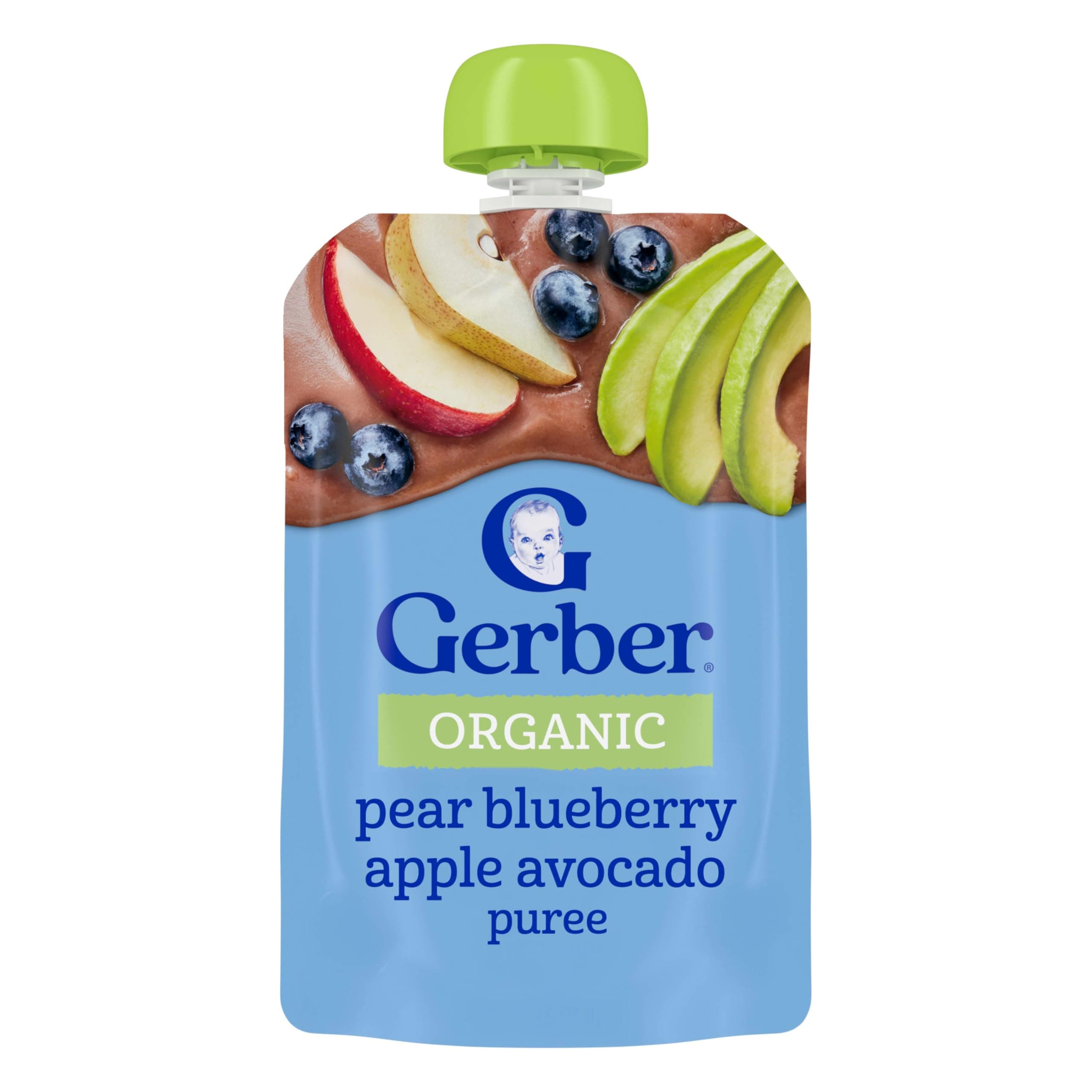 Gerber Stage 2 Organic Pear Blueberry Apple Avocado, 12 Pack | Stage 2 organic puree pouch; pear blueberry apple avocado; no added sweetener; no artificial colors or flavors; 12 x 3.5 oz