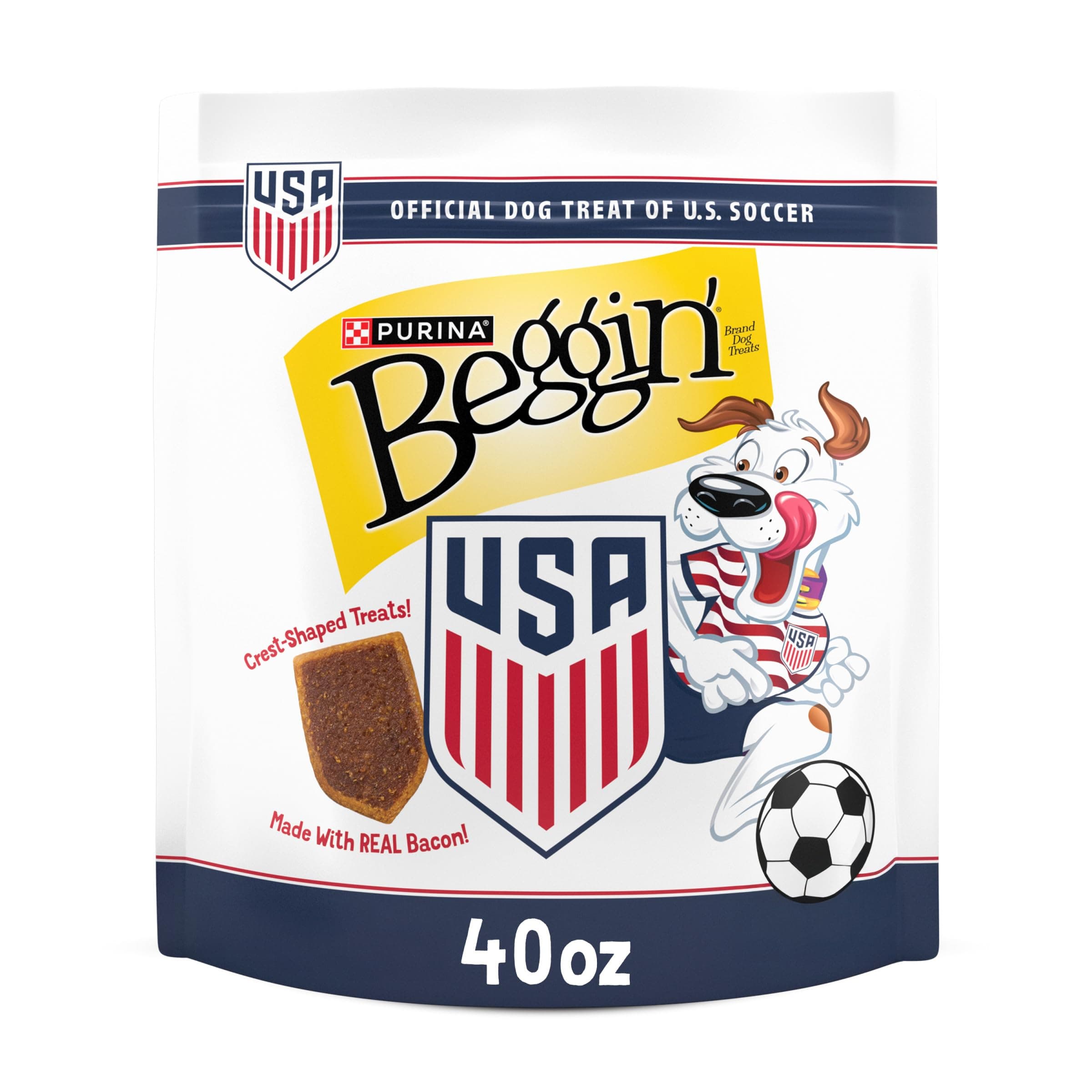 Purina Beggin' U.S. Soccer Crest Dog Treats, Real Bacon, 40 oz Pouch | Unique shape inspired by the national squad, made with meat as the number one ingredient, no artificial flavors or colors