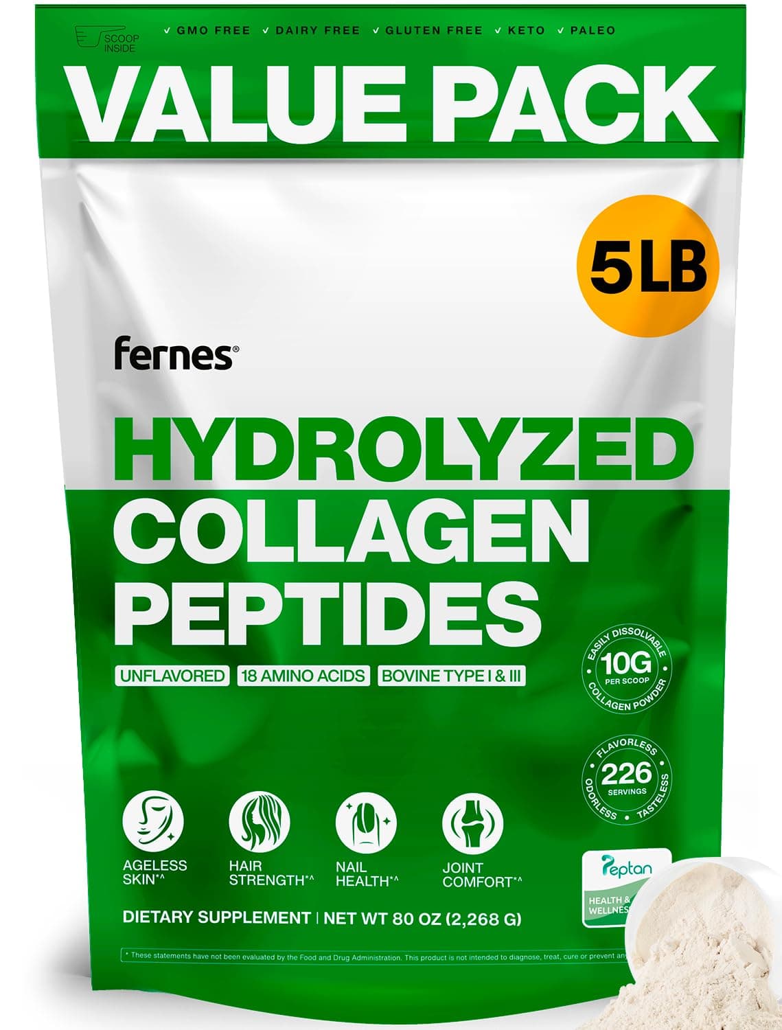 Fernes Hydrolyzed Collagen Peptides Protein Powder 5 LB Bulk, 226 Servings | Hair, Skin, Nails & Joint Support Collagen Supplement, Peptan Type I & III Bovine, Unflavored, for Women & Men, Keto, Paleo