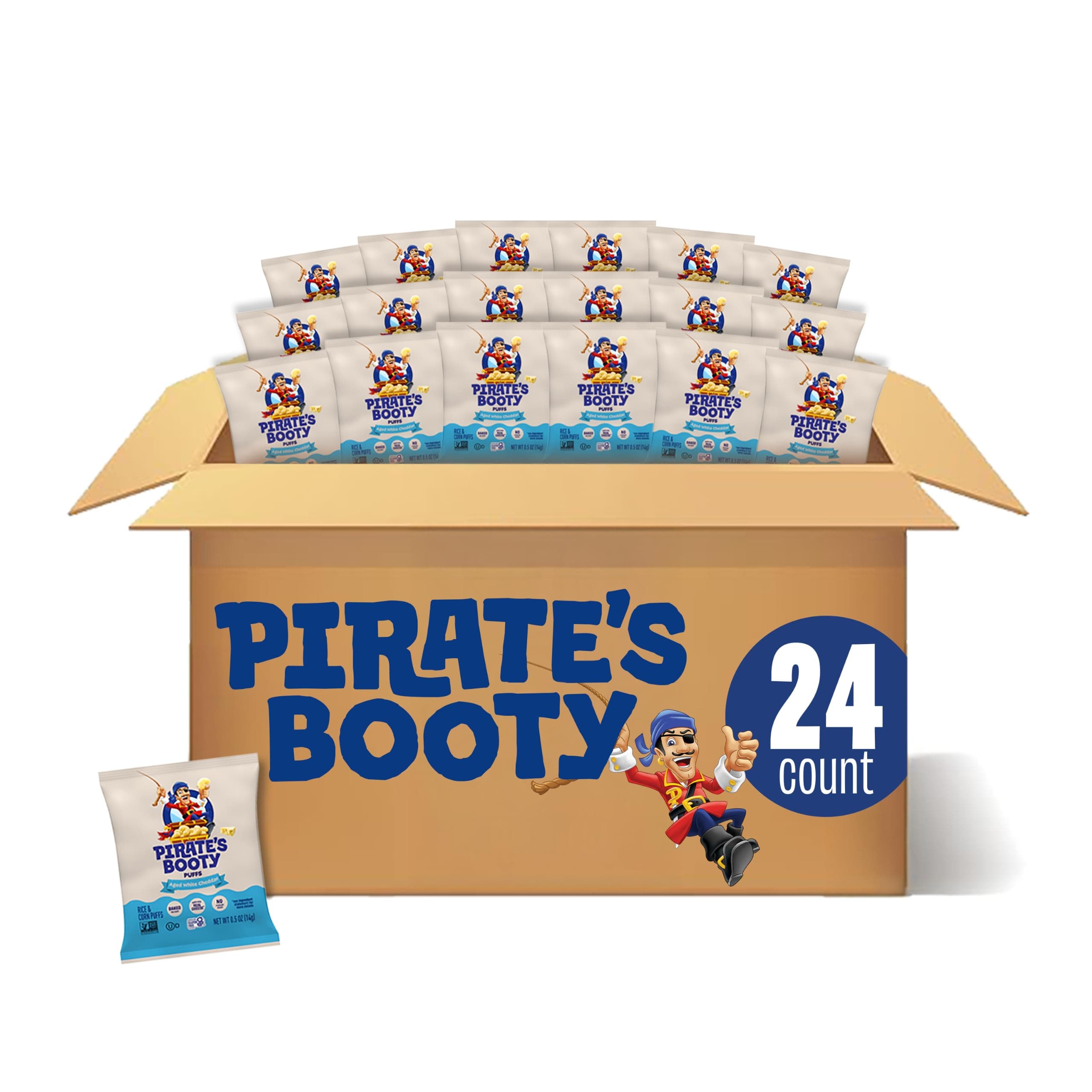 PIRATE'S BOOTY Aged White Cheddar Cheese Puffs Bags, .5 oz (24 Count) | Aged White Cheddar Cheese Puffs, Peanut and Tree Nut Free Kids Snacks, Snacks for Kids and School Lunches, 24 bags