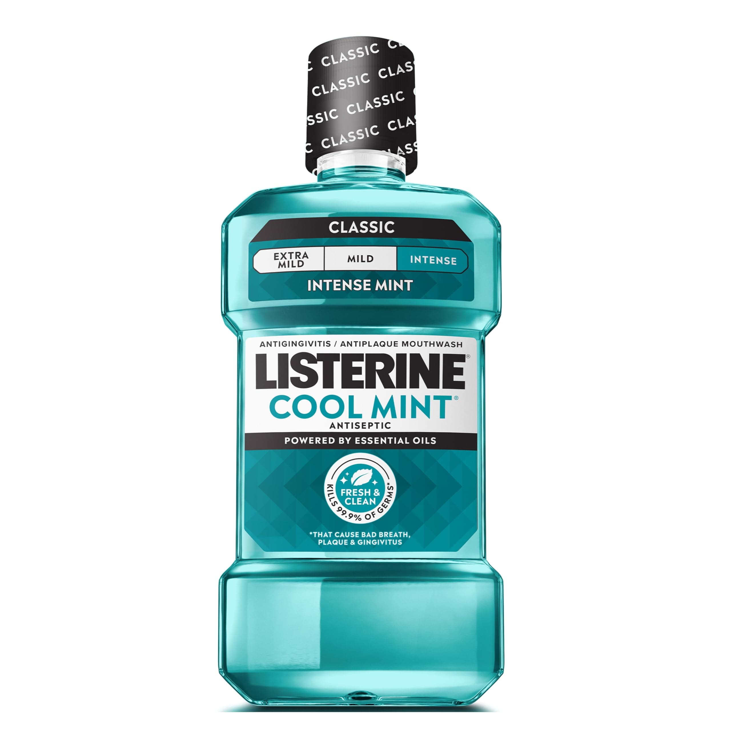 Listerine Cool Mint Antiseptic Mouthwash, Intense Mint, 33.8 fl. oz/1 L | Kills 99.9% of Germs That Cause Bad Breath, Plaque, and Gingivitis, ADA-Accepted, Daily Oral Rinse for Instant Fresh Breath