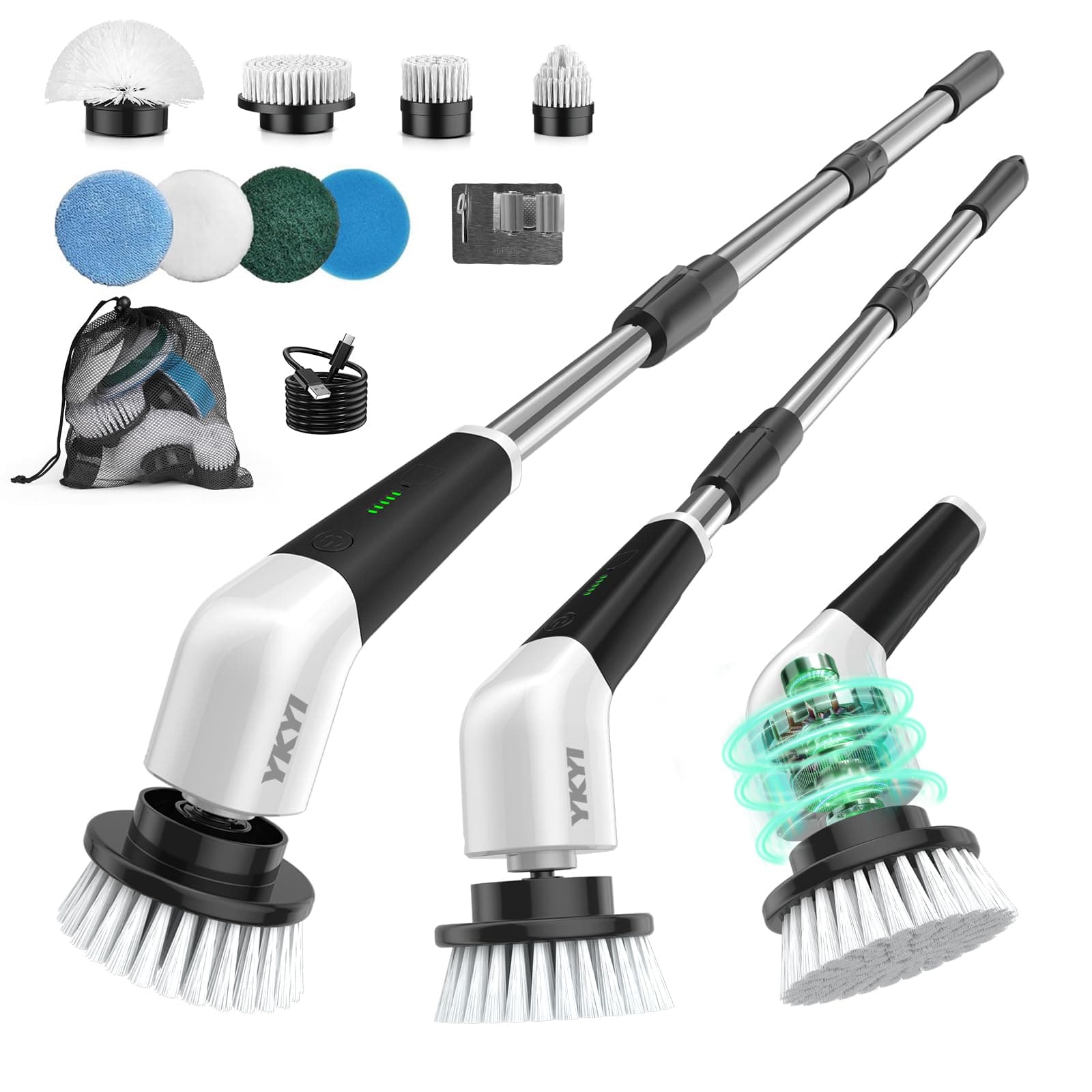 YKYI Electric Spin Scrubber, Cordless Power Cleaning Brush with Long Handle | 8 Brush Heads, 3 Handle Lengths, 2 Speeds, IPX7 Waterproof, 100-Minute Runtime for Tubs, Tile, Floors, Grout, Glass and Cars