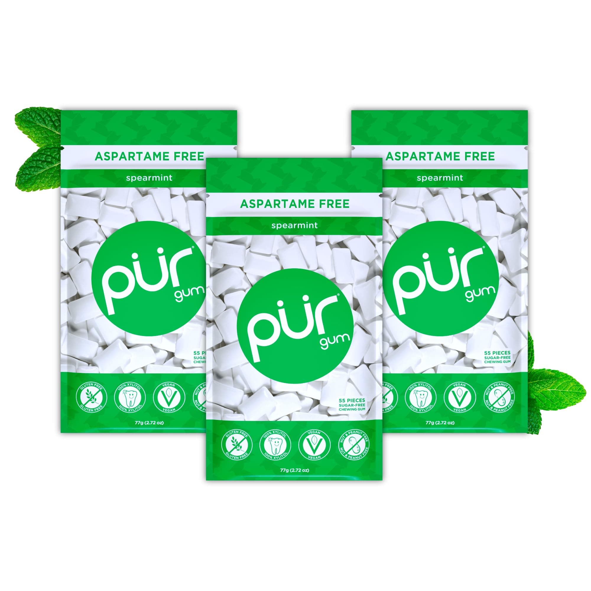PUR Gum, Spearmint, Xylitol Gum, No Artificial Flavor, 165 Count (3x55) | No Artificial Sweeteners, Vegan, Sugar Free, Gluten Free, Soy Free, Nut & Peanut Free, Swiss Made, Keto Friendly chewing gum