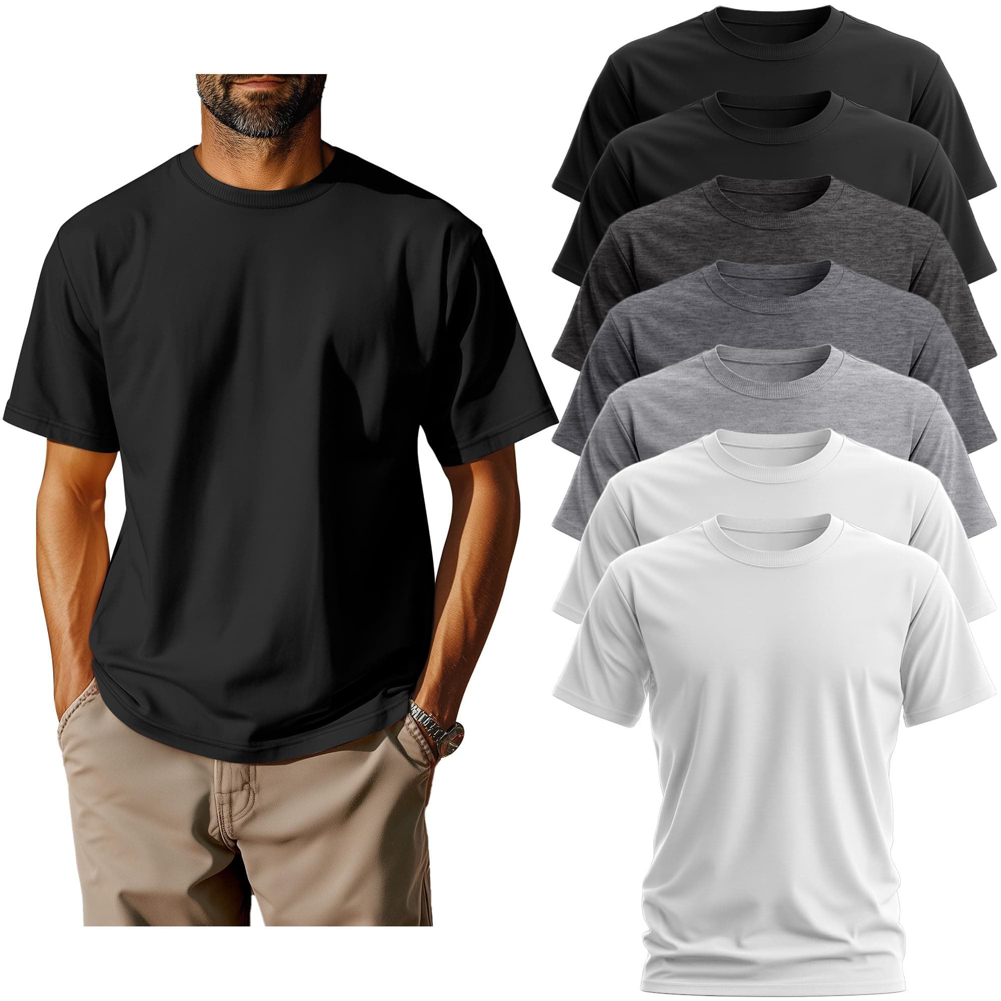 Neer 7 Pack Mens Big and Tall Short Sleeve Shirts | Crew Neck, Cotton, Tee, Casual, Loose Fit, Baggy, Summer, Oversize, Pack, Bulk, Comfy, Lightweight, Basic, Workout, Top