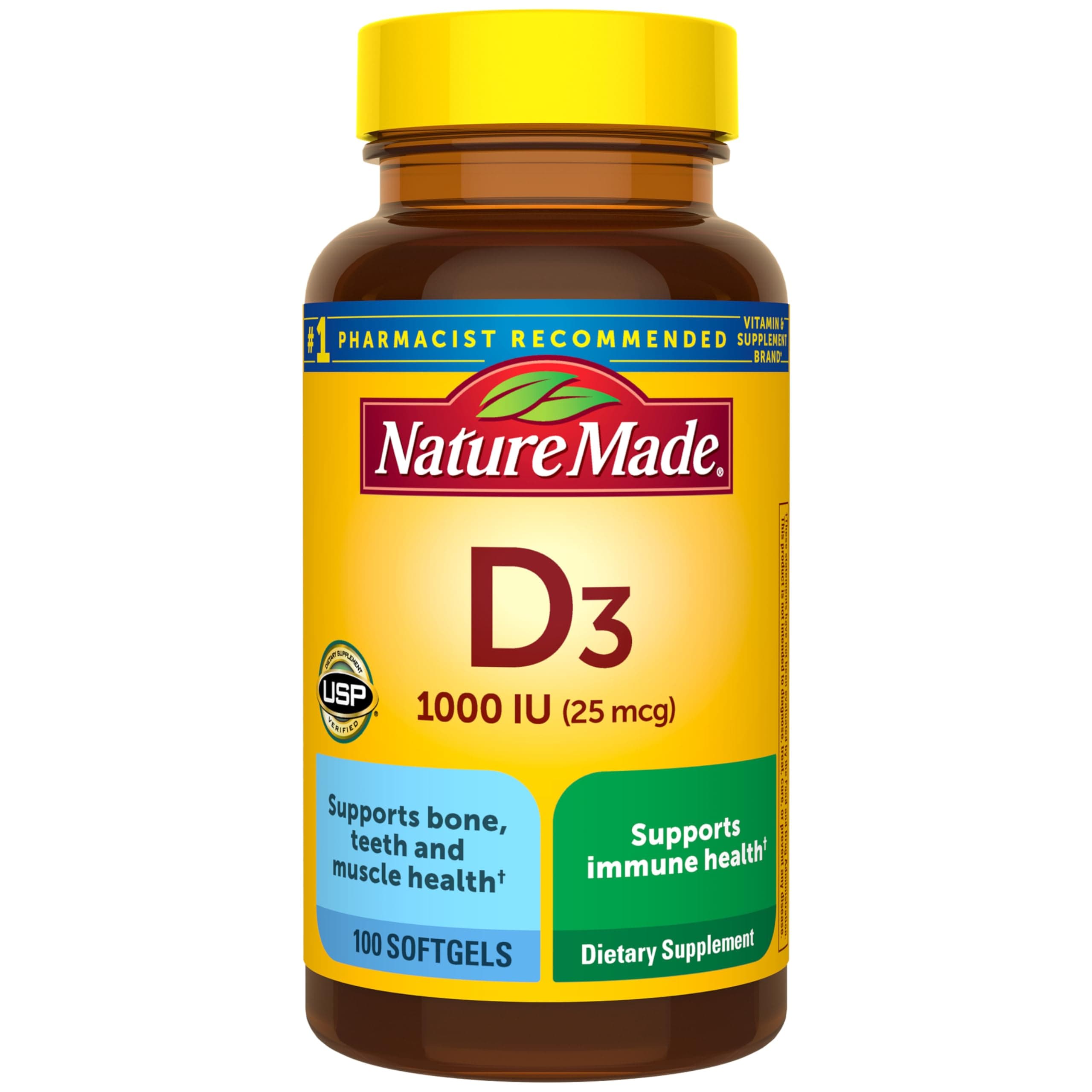 Nature Made Vitamin D3 1000 IU (25 mcg), 100 Vitamin D Softgels | Vitamin D Supplement for Immune, Bone, Teeth and Muscle Health Support, 100 Day Supply