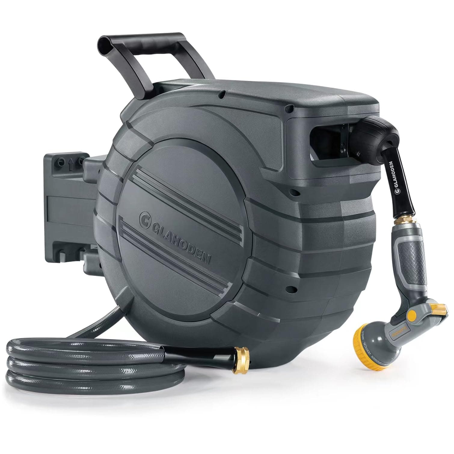 GLAHODEN 1/2 in x 100 ft Retractable Garden Hose Reel with Automatic Rewind | Wall Mount, Dual Ratchet Lock, UV Resistant,Heavy Duty, 180° Swivel, 3/4 in Brass Fitting, Easy to Assemble,9 Spray Patterns