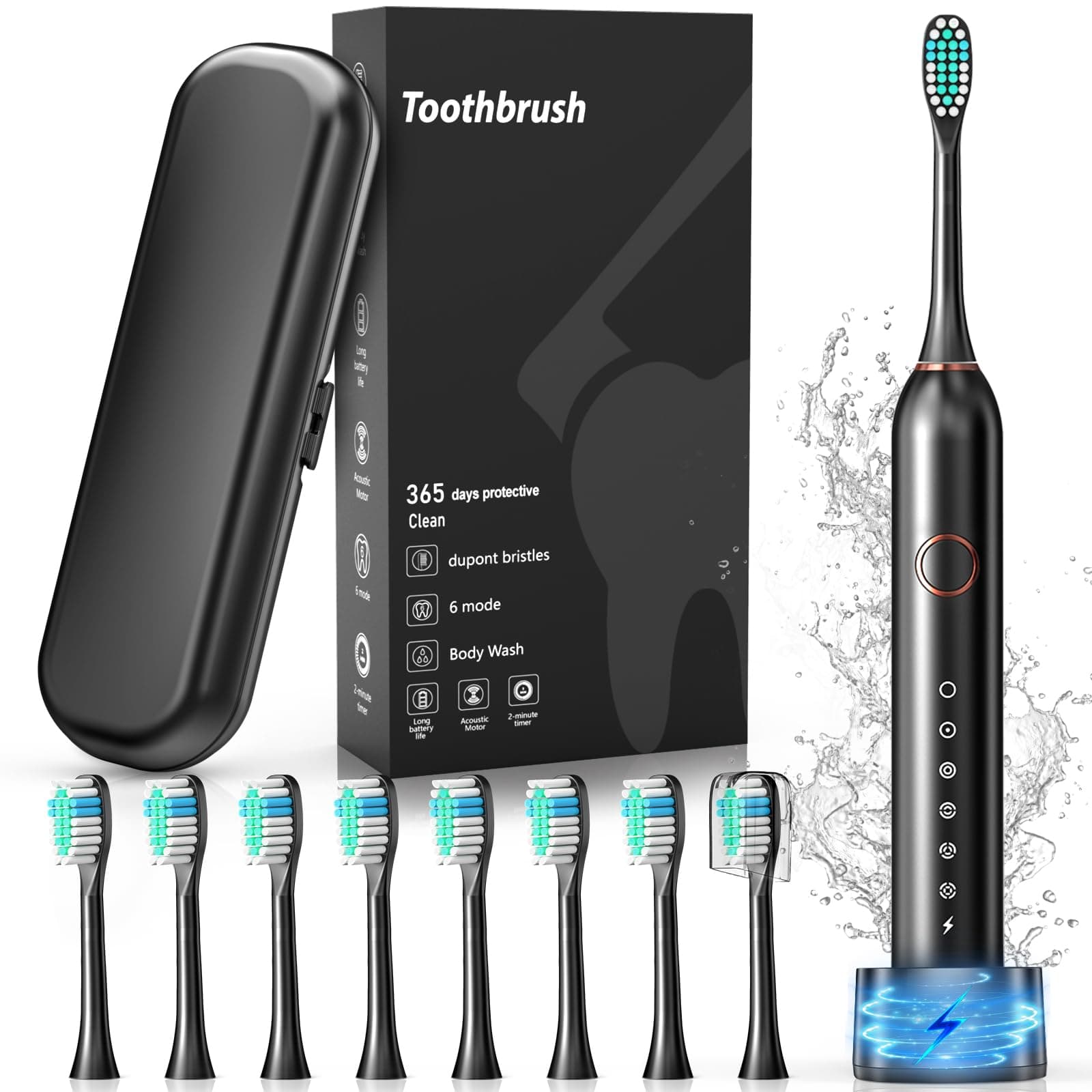 Electric Toothbrush, 40000 VPM Sonic Type for Adults & Teens, Black | 8 Brush Heads, Travel Case, 6 Modes, IPX7 Waterproof, 2 Minutes Timer, Wireless Charging,One Charge for 100 Days