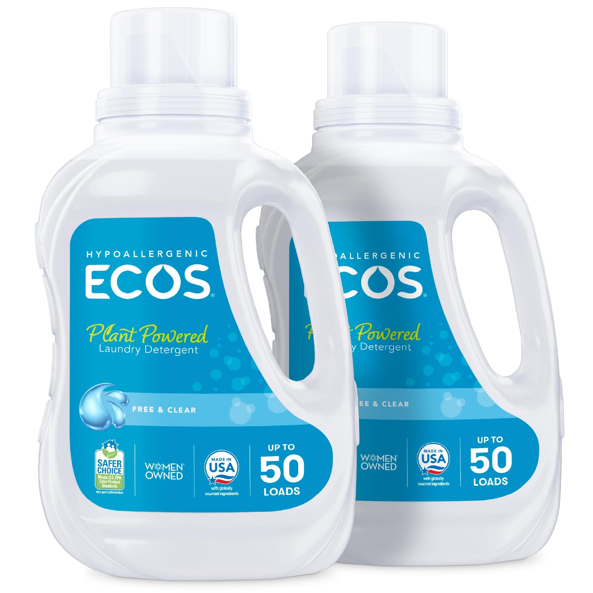ECOS Laundry Detergent Liquid, Free & Clear, 50 Fl Oz (Pack of 2) | 100 Loads, Dermatologist Tested Laundry Soap, Hypoallergenic, EPA Safer Choice Certified, Plant-Powered