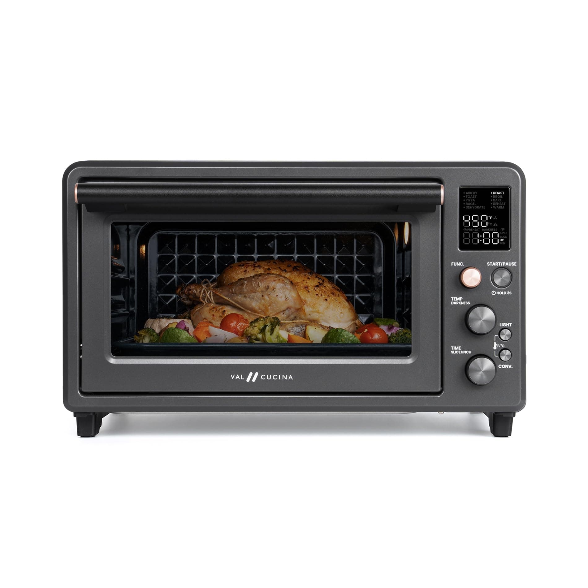 VAL CUCINA 26.3 QT Non-Toxic Enamel Interior Air Fryer Toaster Oven Combo, 10-in-1 Convection Countertop Oven with Infrared Heating, Fits 12" Pizza & 6 Slice Toast, Easy Clean Enamel Baking Pan
