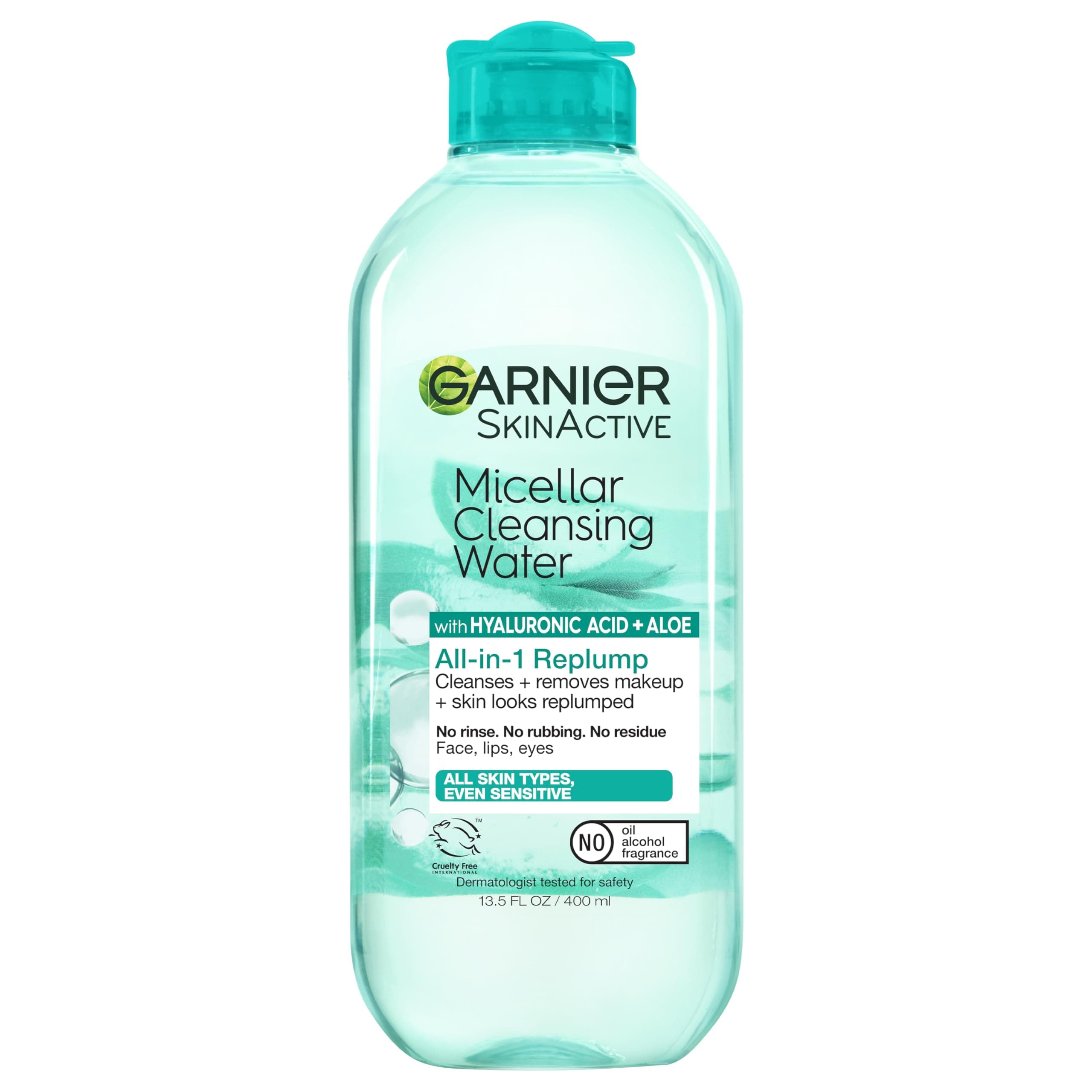 Garnier Micellar Water with Hyaluronic Acid, Facial Cleanser & Makeup Remover, Hydrating and Plumping, For All Skin Types, Vegan, Cruelty Free, 13.5 Fl Oz (400mL), 1 Count