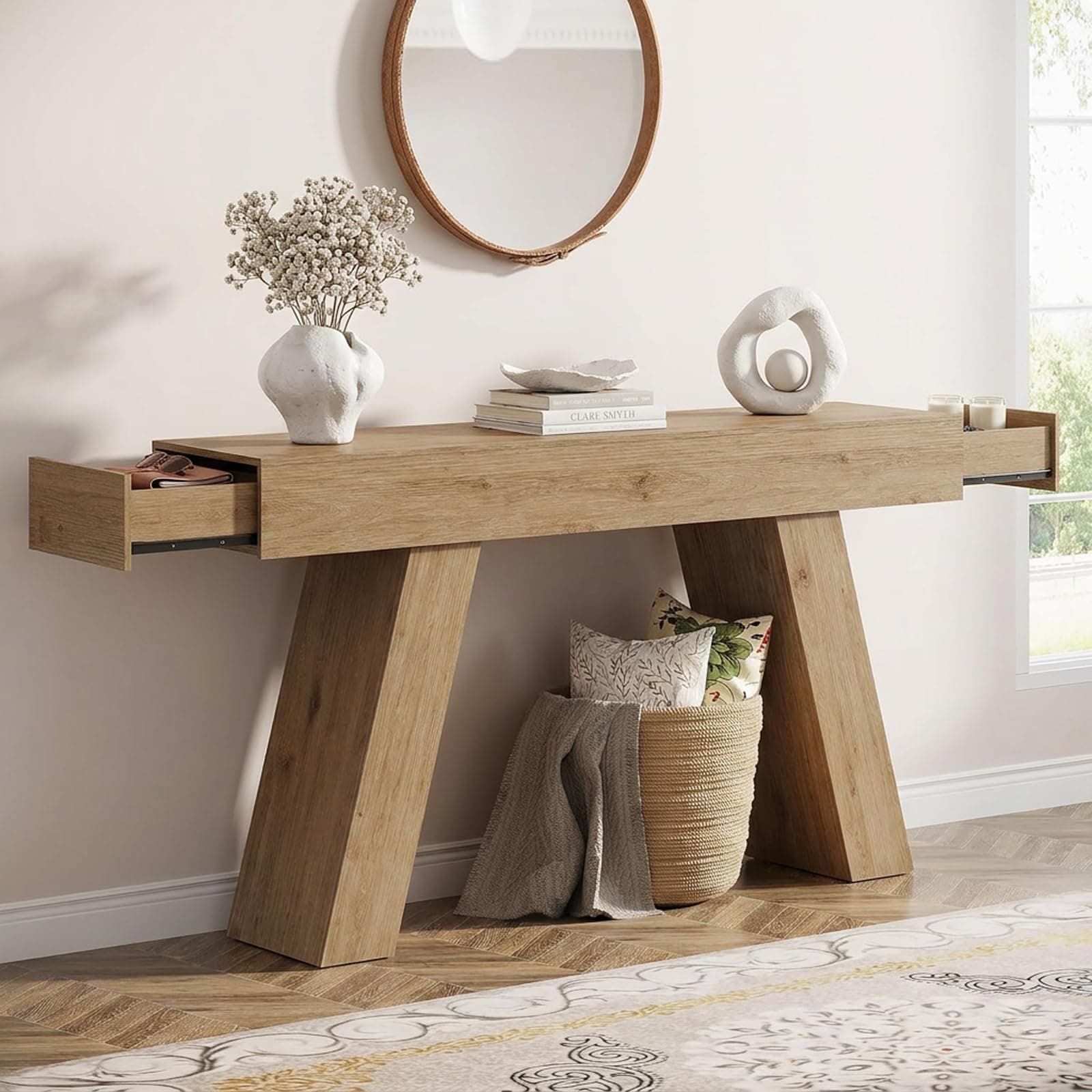 63-Inch Long Console Table Entryway Table with Storage Drawer, Natural Wood | Wood Grain Sofa Table Behind Couch, Spacious Storage, Farmhouse Style, for Entryway, Entrance, Hallway, Foyer, Living Room
