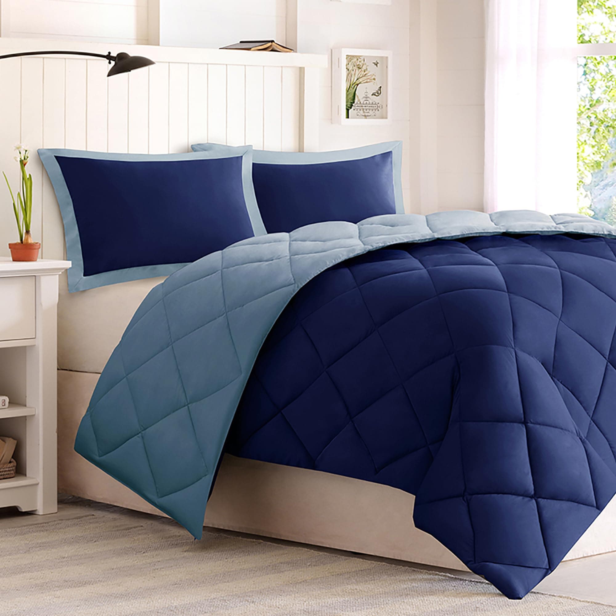 Madison Park Larkspur Comforter Set, Twin/Twin XL, 2 Piece, Navy/Light Blue | Down Alternative, Ultra Soft, Microfiber, Bedding for Bedroom, Diamond Pattern, Reversible, OEKO-TEX Certified