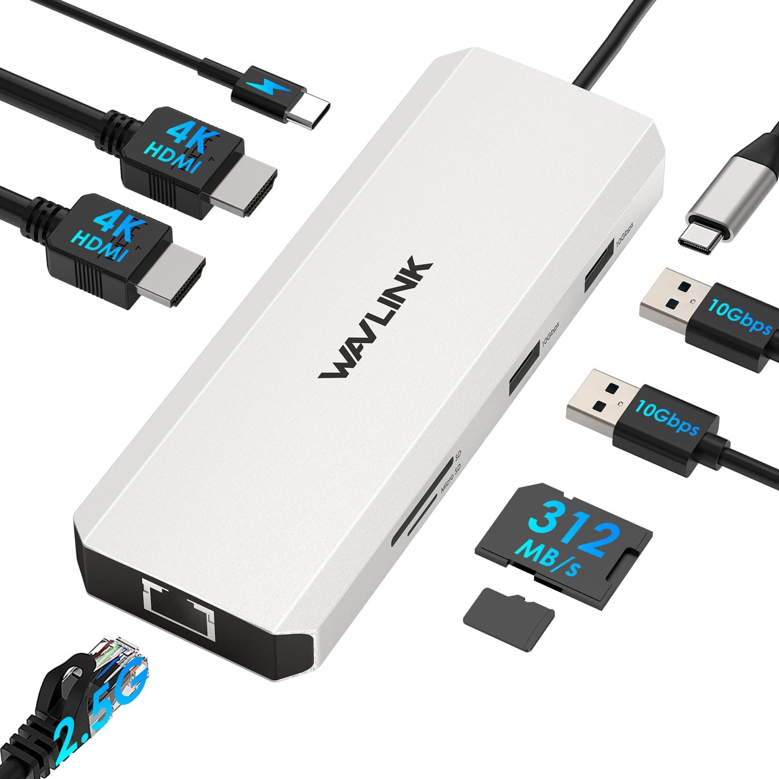 Laptop Docking Station, WAVLINK Docking Station Dual HDMI | Dual 4K@60Hz, 125W PD IN, 2.5G Ethernet, 2×USB-A 10Gbps, SD 4.0 312MB/s, Compatible with Windows ONLY