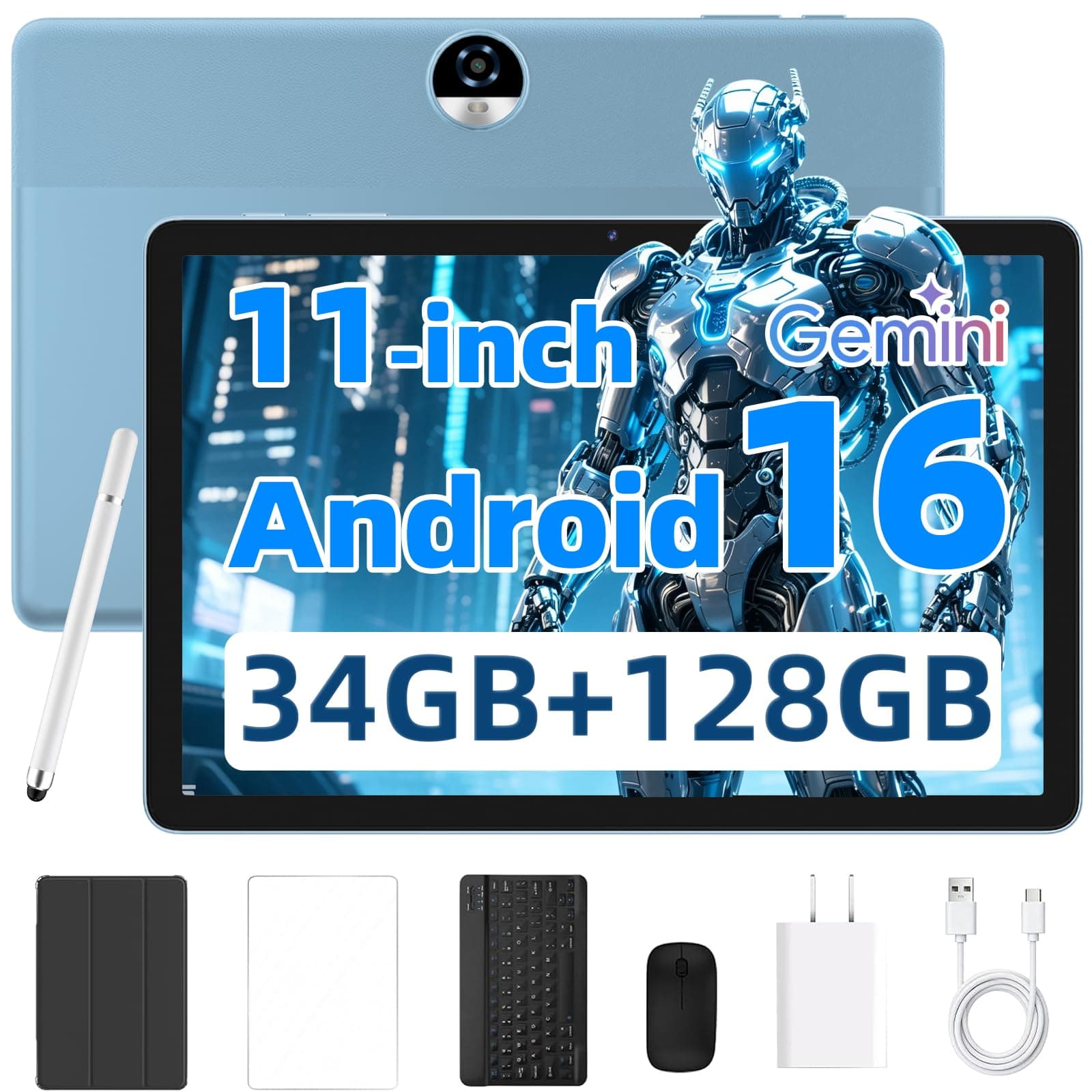 Tablet 11 inch Android 16 Tablets, 34GB RAM 128GB ROM 2TB Expansion, Octa-core UPC, Tablets with Keyboard, Case, Mouse, Stylus, Gemini AI, Widevine L1, HD Touchscreen, Wi-Fi, BT 5.0, Dual Camera, GPS