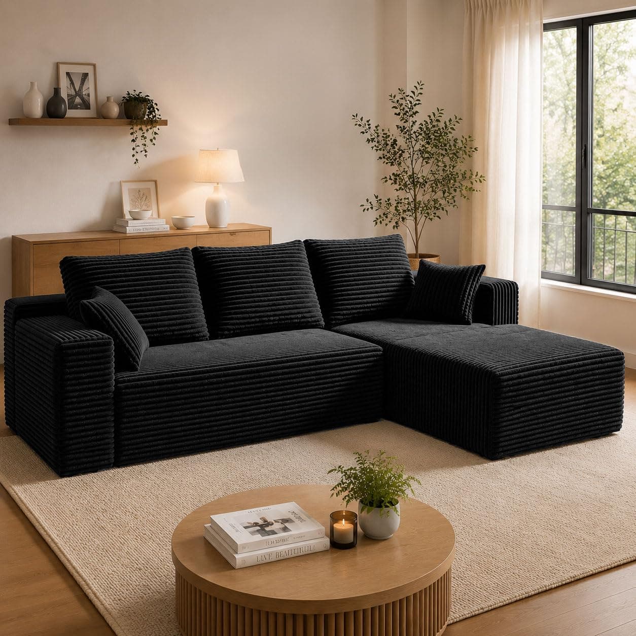 HOMMIDIKA 106" Boneless Couches for Living Room,Modular Sectional Sofa | L-shaped Cloud Couches for Apartments,Deep 25" Seats,Plush Corduroy,No Assembly,Compressed Packaging (Right Chaise,Black)