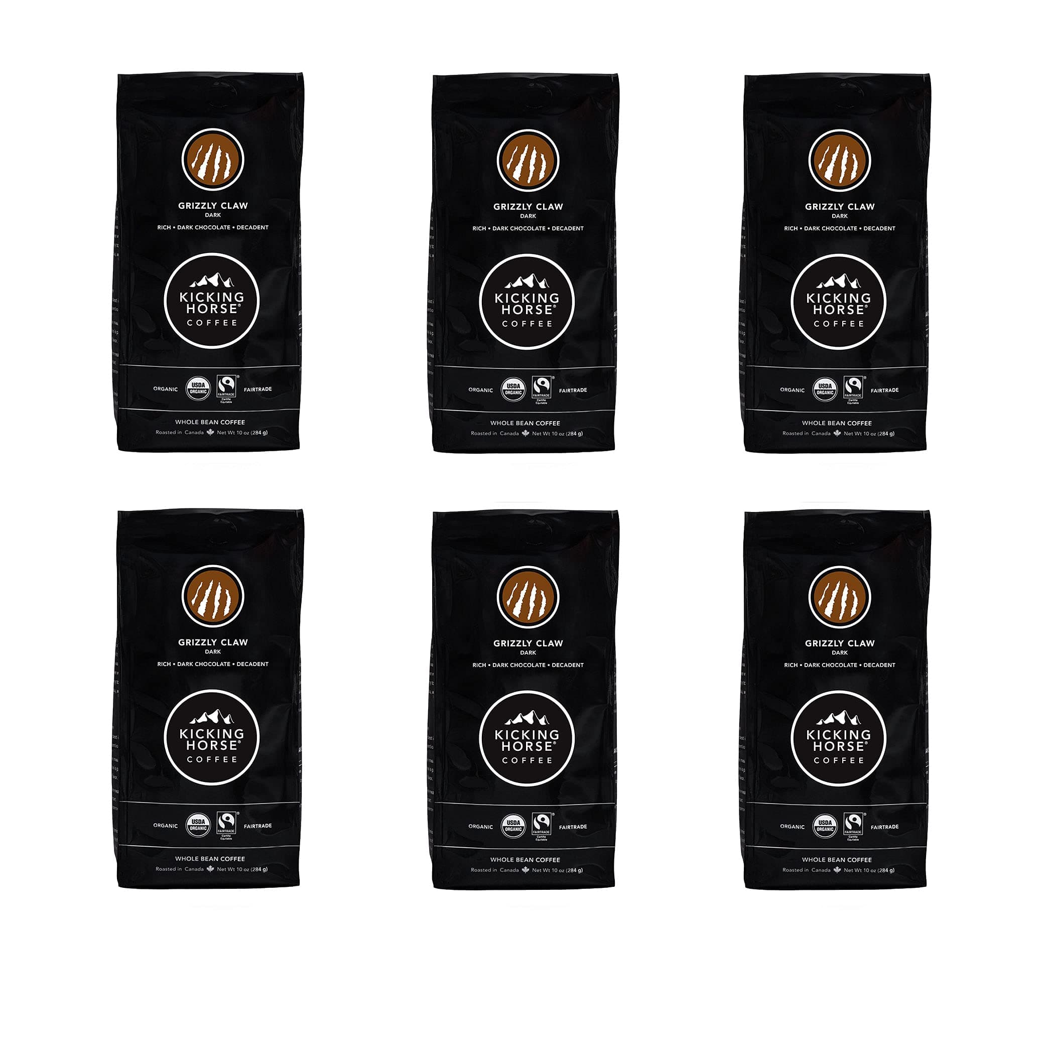 Kicking Horse Coffee, Grizzly Claw, Dark Roast, Whole Bean, 10 oz - Certified Organic, Fairtrade, Kosher Coffee (Pack of 6) (Packaging may vary),10 Ounce (Pack of 6)