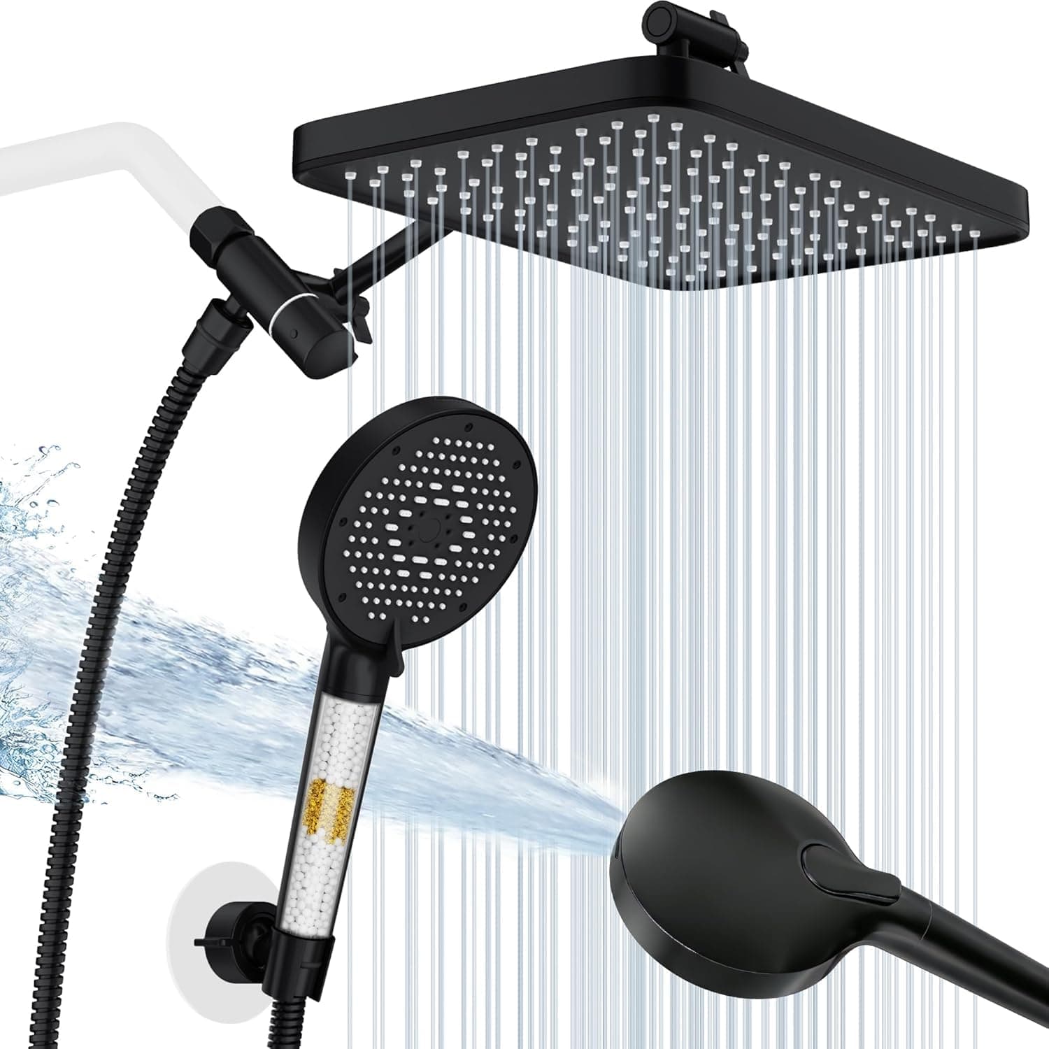 SR SUN RISE 12-Inch Rain Shower Combo, Filtered Handheld Shower Head Black | High Pressure &9 Spray Modes with Power Wash，9-Inch Stainless Steel Extension Arm & Adjustable Angles