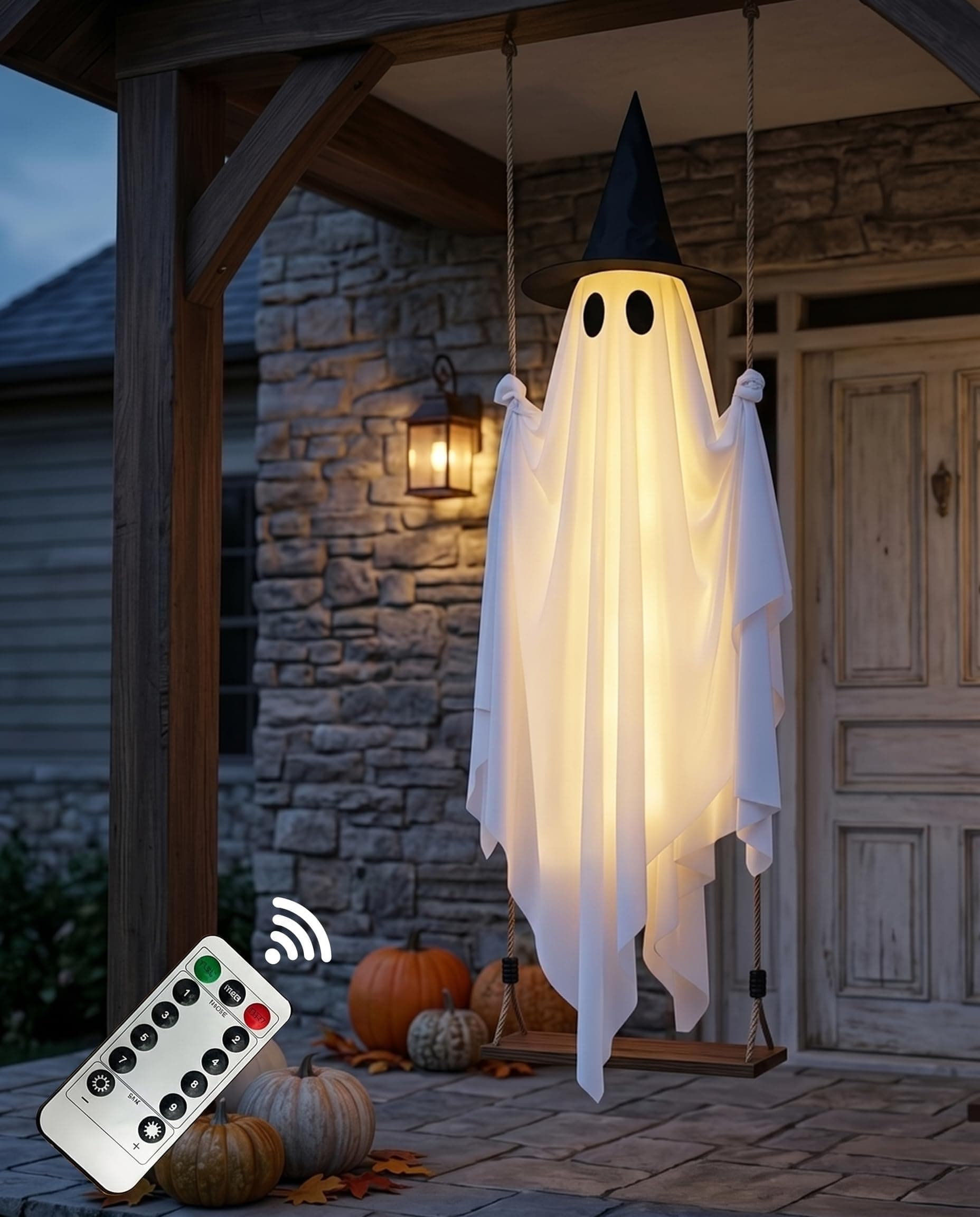 5FT Halloween Swinging Ghost Outdoor Decor,Spooky Hanging Ghost Decorations | 5FT Height, LED Lights & Remote Control, Timer Function, Waterproof, Solid Wood, Rope Adjustable, Porch Yard Lawn Tree Decor