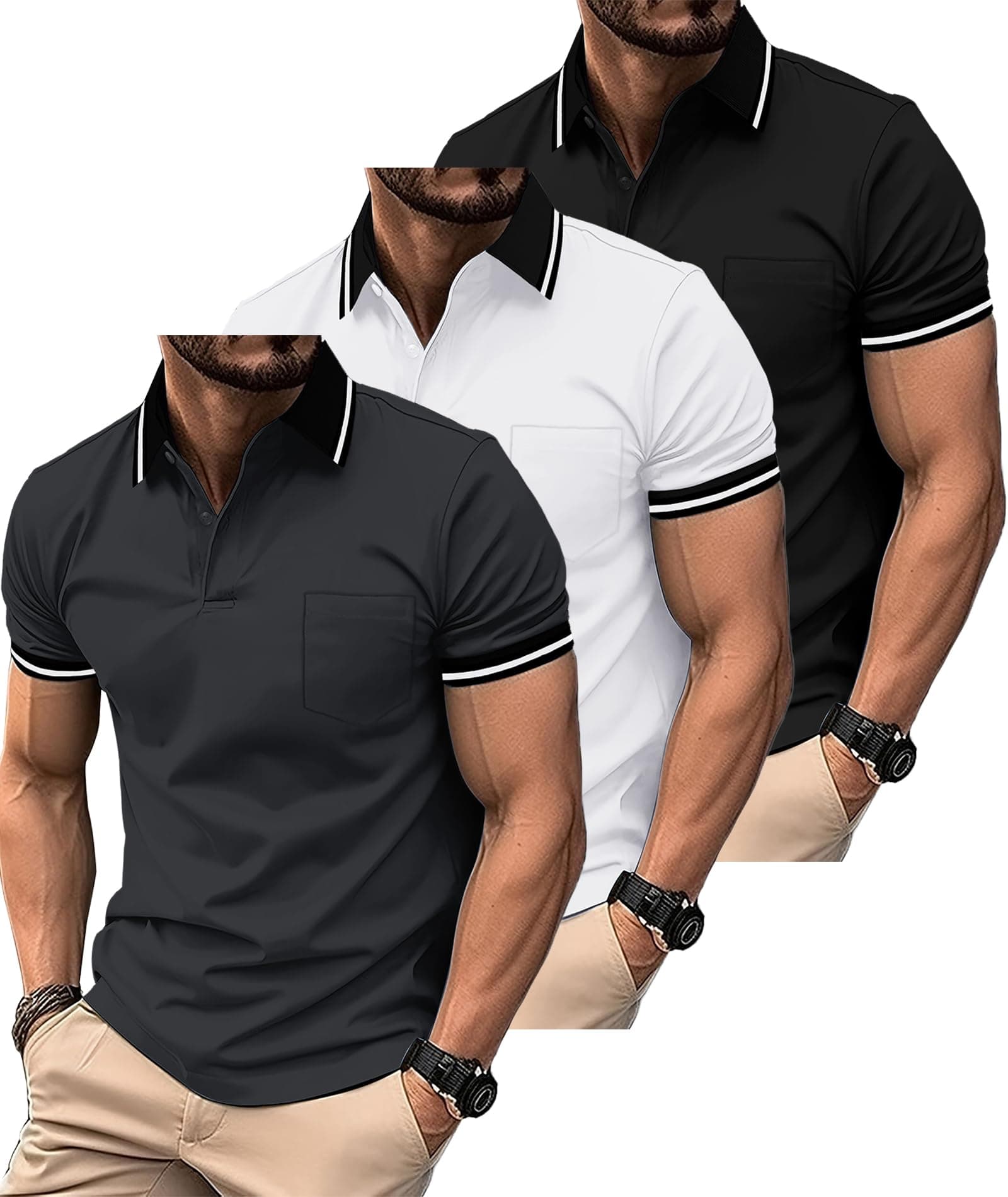 ZITY 3 Pack Men Polo Shirts Short Sleeve Athletic Golf Polos with Pocket | Athletic Collared T-Shirts ,Moisture Wicking,Breathable,,Quick-Drying,,Lightweight ,Business Casual, Daily, Work Shirts
