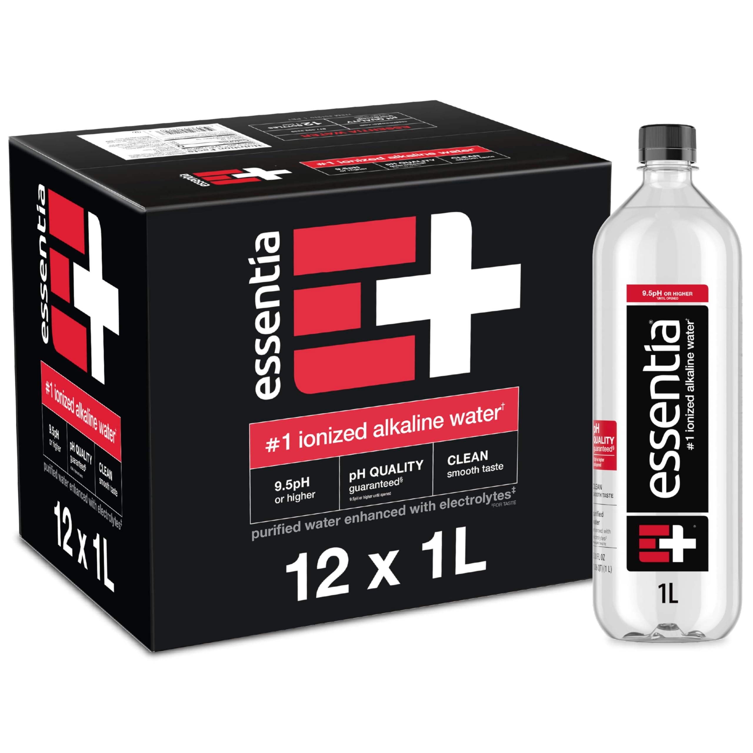 Essentia Ionized Alkaline Water, 9.5+ pH, 99.9% Pure, 12 x 1L | 99.9% pure ionized alkaline water with a 9.5+ pH until opened, and trace electrolytes for a clean smooth taste. 12 x 1L