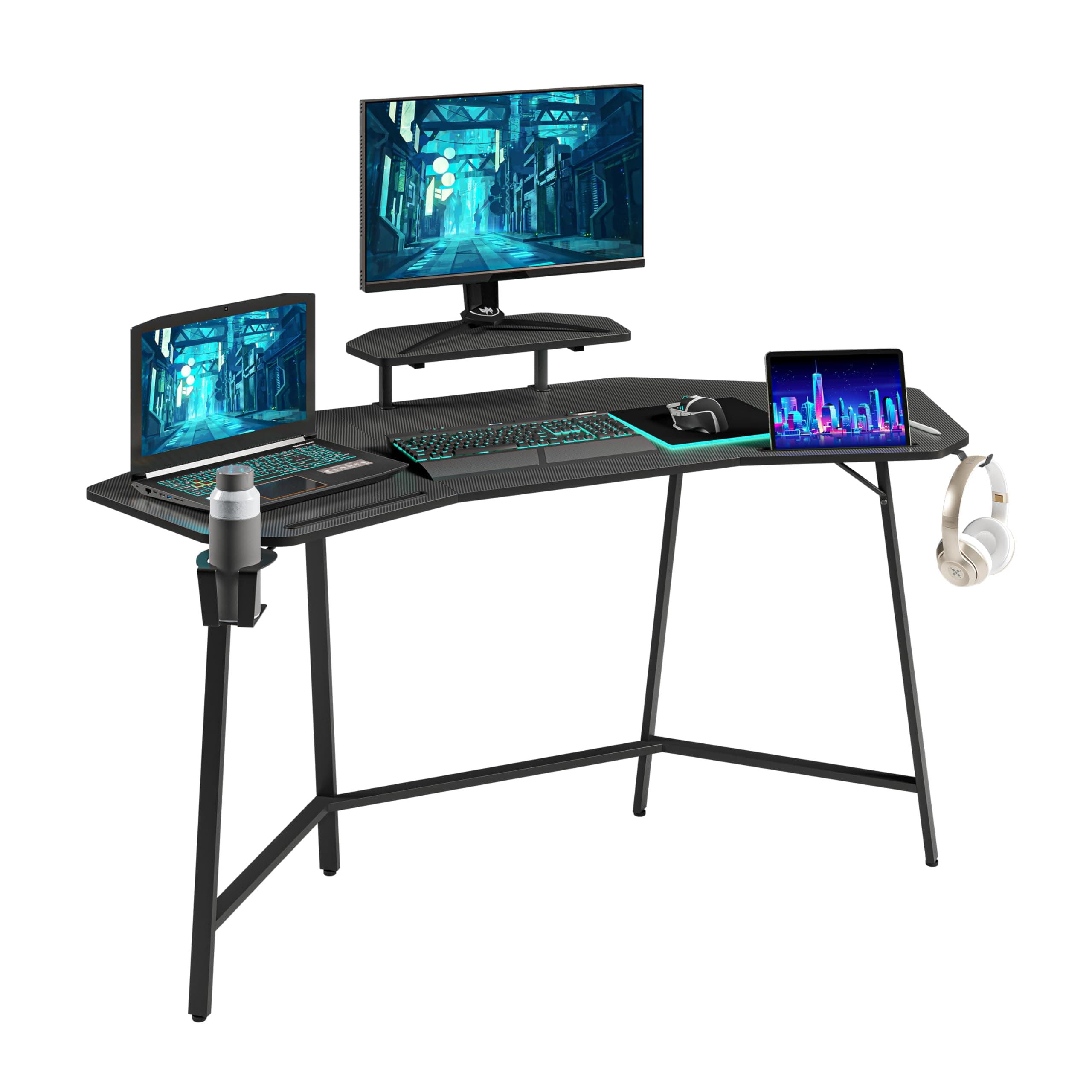 Techni Sport 63" Gaming Desk with Monitor Shelf, Headset Holders, Black | Black gaming desk, monitor shelf, cup holder, headset hook, gamer workstation, PC desk, home office setup, ergonomic