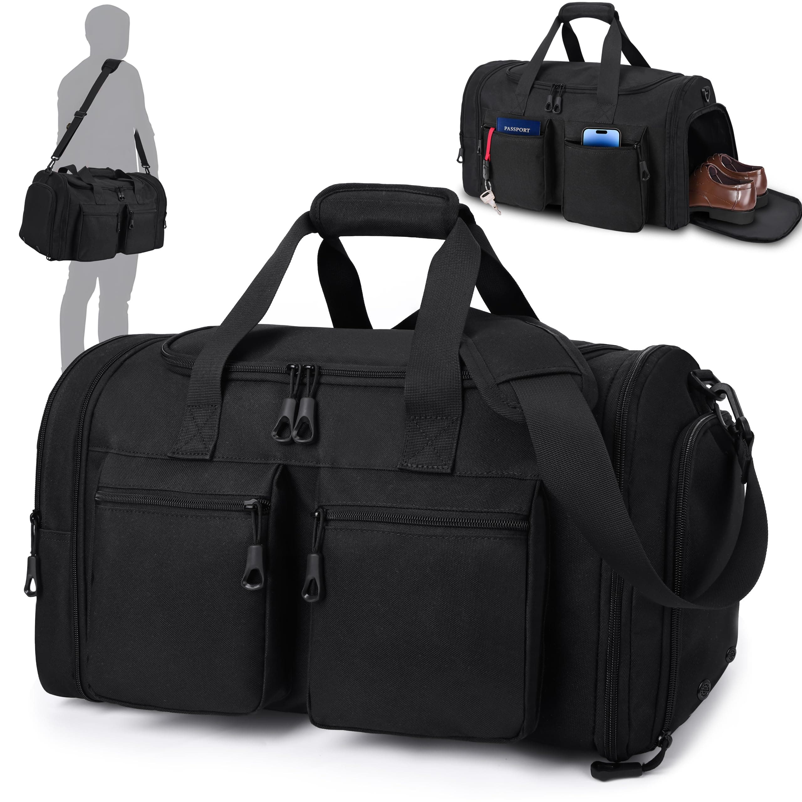 HILOMON Mens Duffle Bag 45L Expandable GYM Bags Carry-on Travel Bag | Separate Ventilated Shoe Compartment, Dry Wet Separation Pocket, Airline Approved Carry-On Size, 38L-45L Expandable Capacity