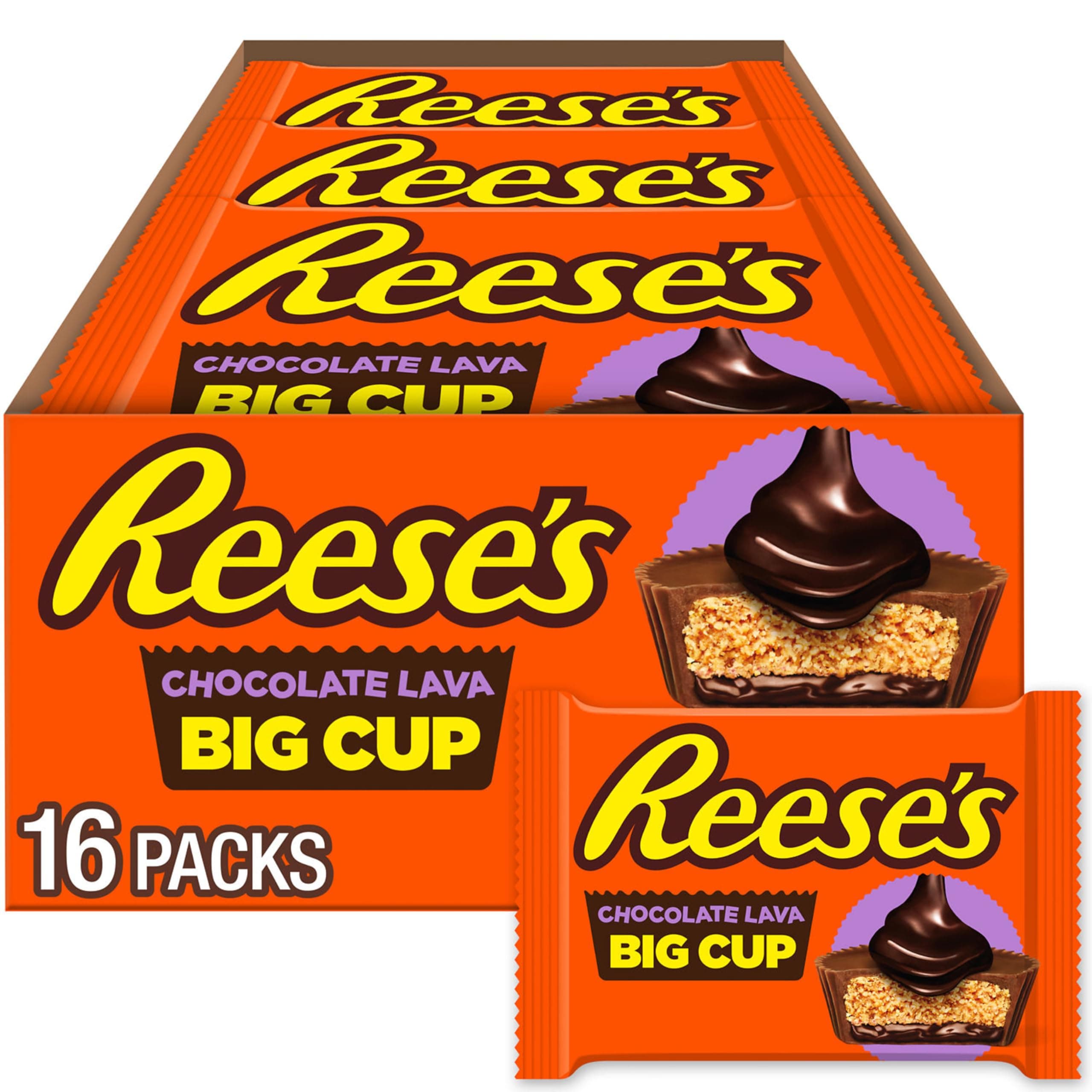 REESE'S Big Cup Chocolate Lava Peanut Butter Cups, 1.4 oz, 16 ct | Reese's Peanut Butter Cups with Gooey Chocolatey Lava Filling, Kosher and Gluten Free, Individually Wrapped Candy, 16 ct