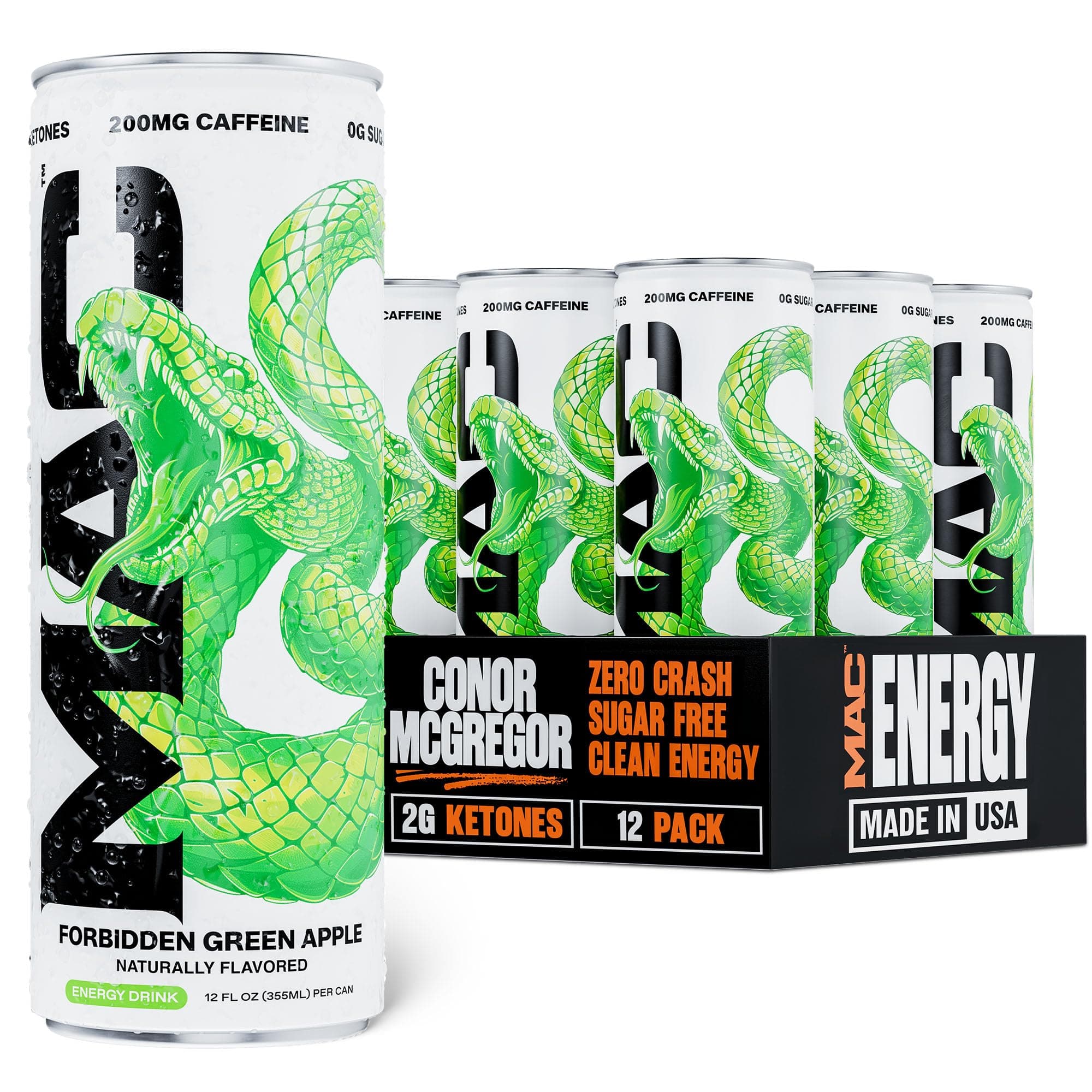 MAC Energy by Ryan Garcia Forbidden Green Apple Sugar Free Energy Drink | 12 Pack 12oz Cans, 200mg Caffeine, Clean Energy From Ketones, Green Apple Flavor, Zero Sugar, Only 10 Calories, Cabonated