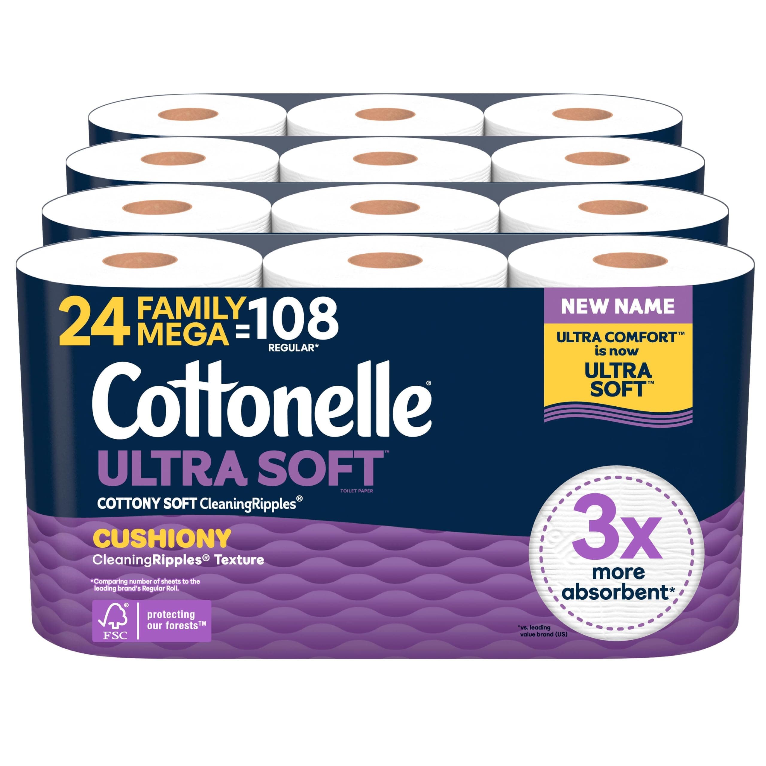 Cottonelle Ultra Soft Toilet Paper, 24 Family Mega =108 Regular Rolls, White