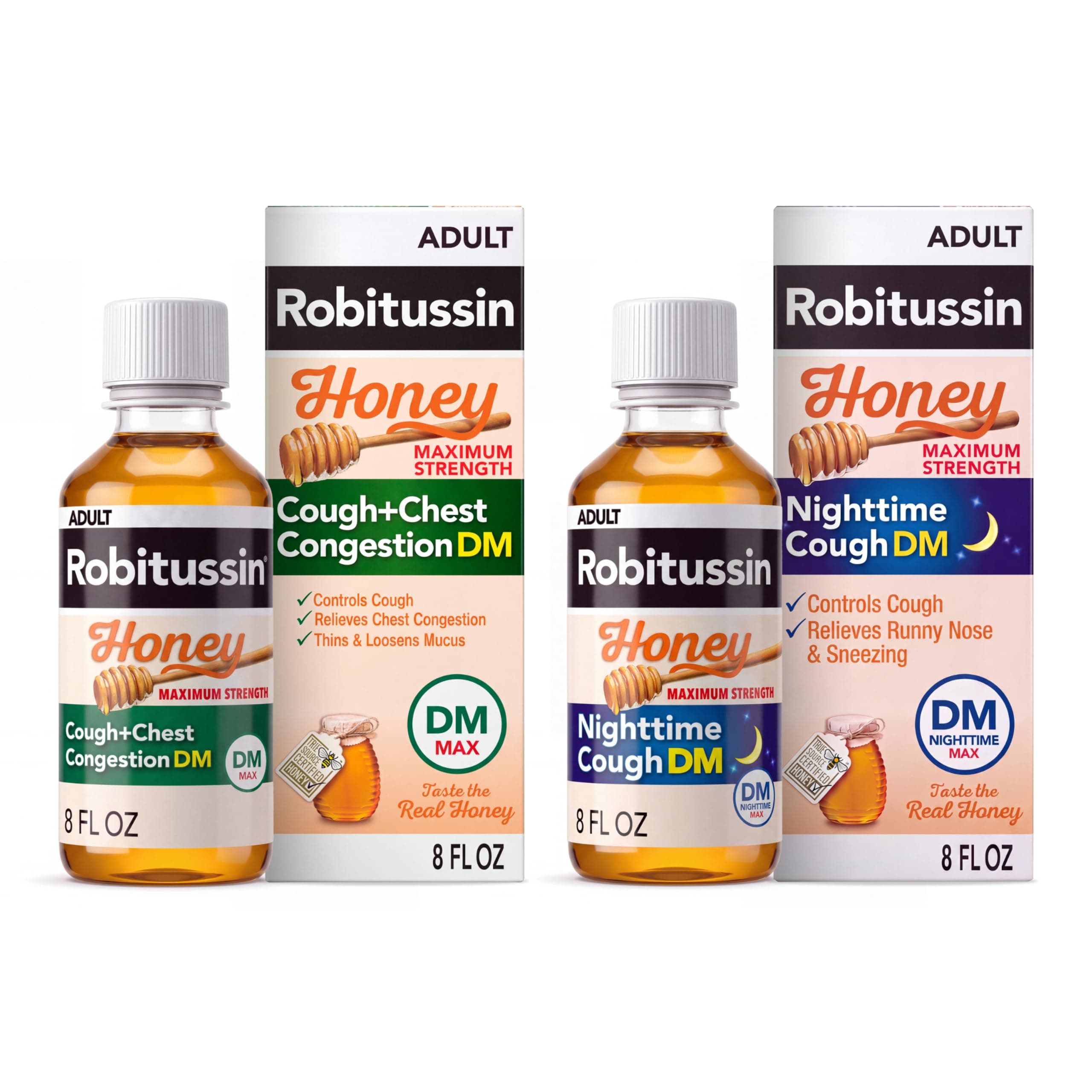 Robitussin Honey DM Max, Day and Night Formulas, 8 fl oz, 2 Pack | Made with Real Honey for Flavor, Adult Cough Suppressant and Expectorant, Cough Plus Chest Congestion