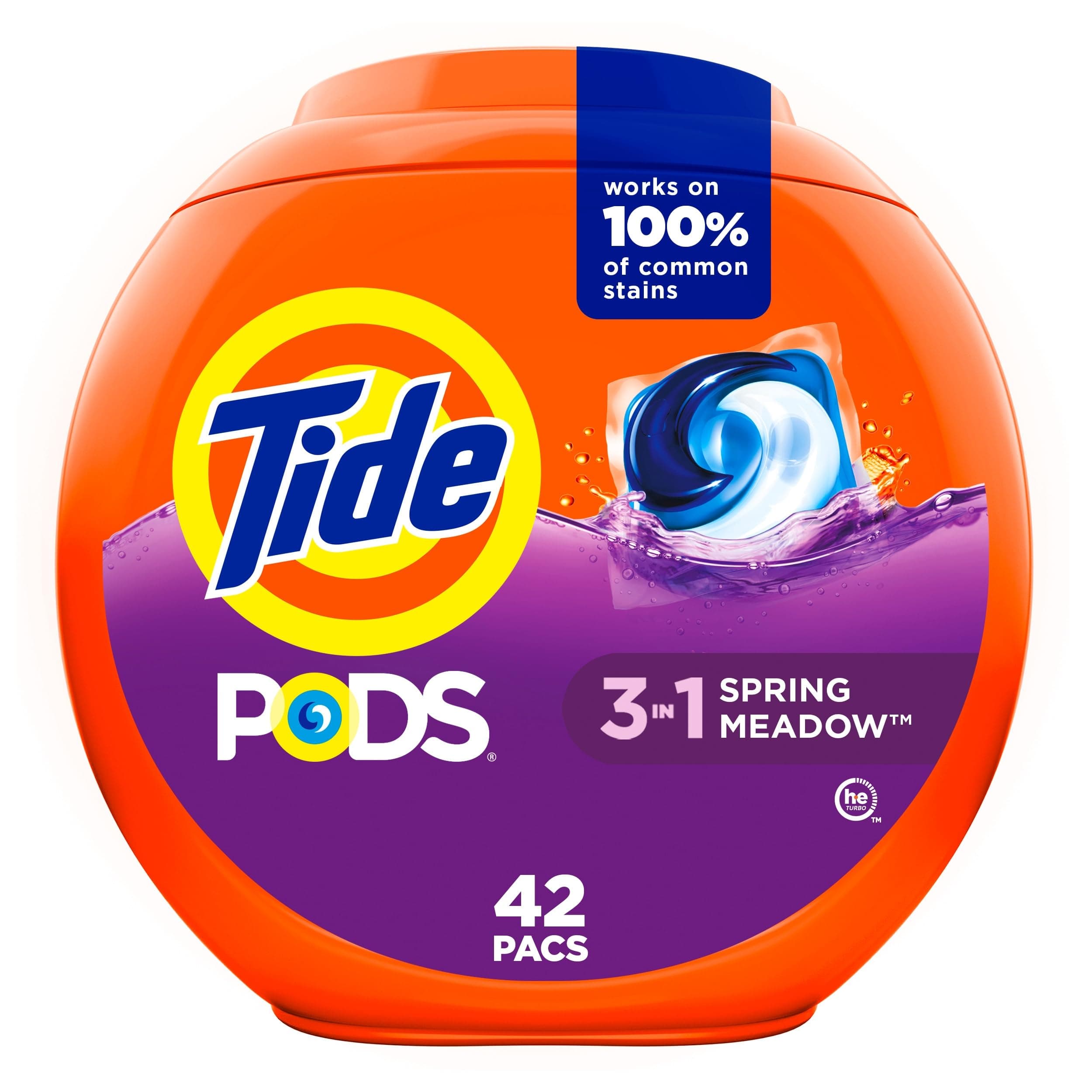 Tide, Pods laundry detergent pacs, 3-in-1 Stain Remover, Odor Fighter, Color Protector, HE compatible, Spring Meadow Scent, 42 Count