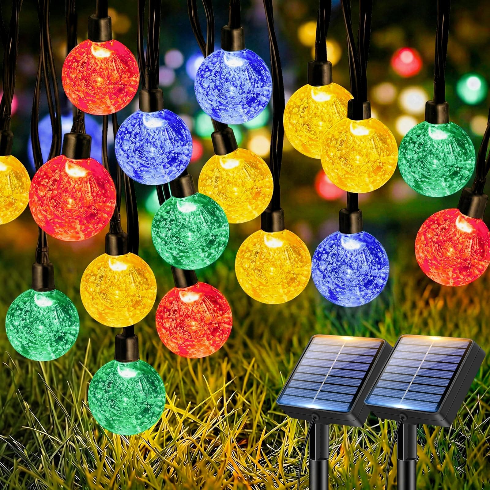 btfarm 2 Pack Solar String Lights Outdoor, Total 98FT 100 LED Crystal Globe | IP65 Waterproof Solar Powered Patio Lights, 8 Lighting Modes for Garden Balcony Yard Porch Party Christmas Decor, Multicolor