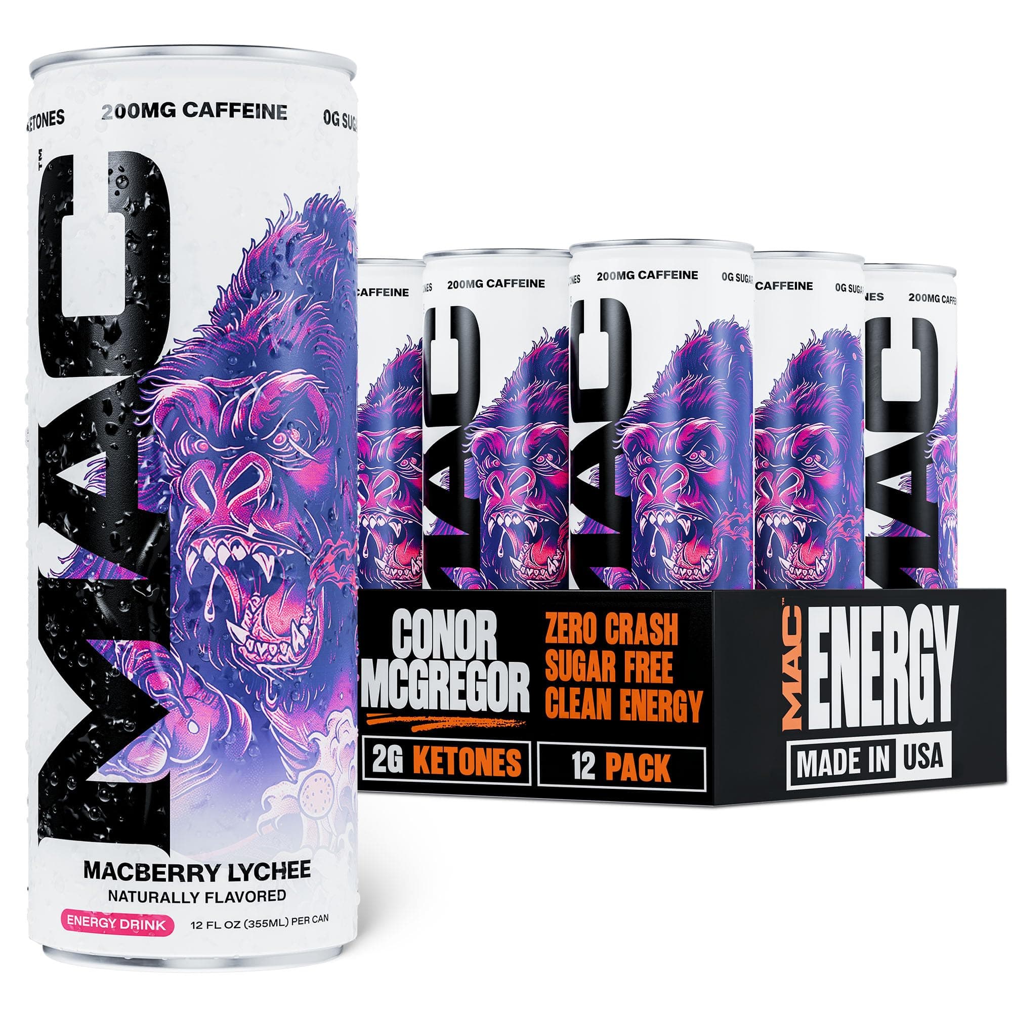 MAC Energy by Ryan Garcia Macberry Lychee Sugar Free Energy Drink | 12 Pack 12oz Cans, 200mg Caffeine, Clean Energy From Ketones, Berry-lychee Flavor, Zero Sugar, Only 10 Calories, Cabonated