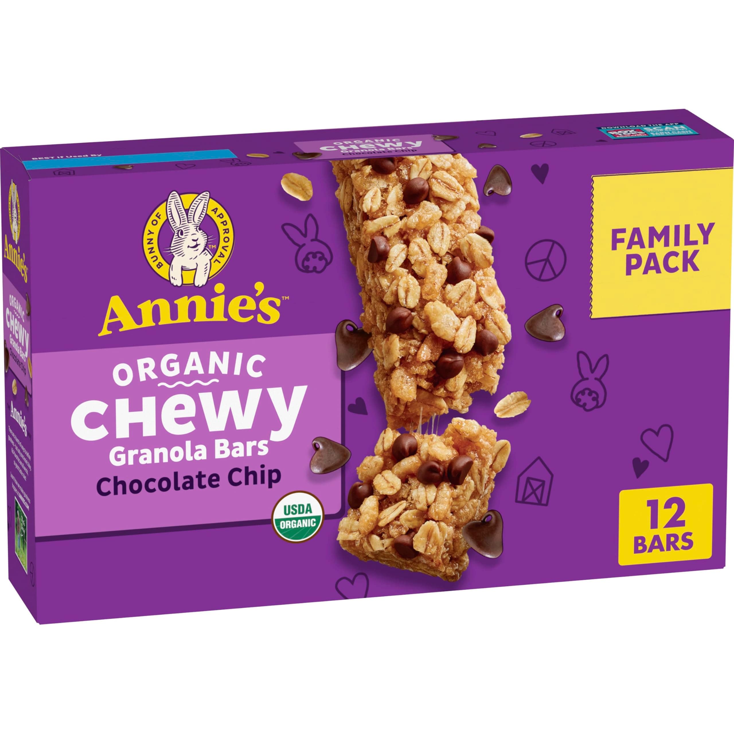 Annie's Organic Chewy Granola Bars, Chocolate Chip, 12 ct | Real Chocolate Chips, 8g Whole Grain Per Serving, Individually Wrapped, No Artificial Flavors or Synthetic Colors